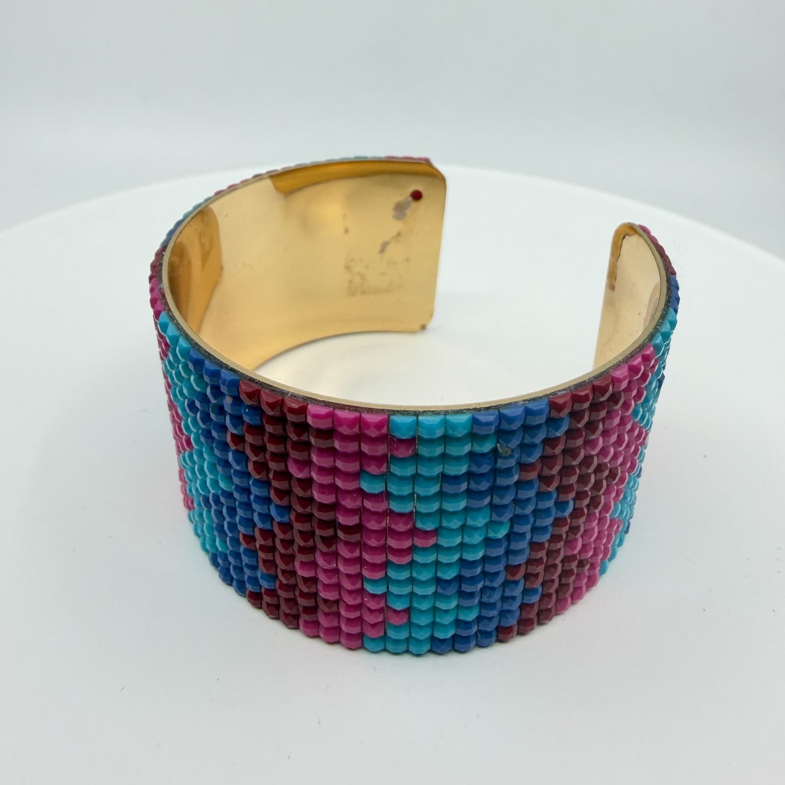Boho Beaded Cuff Bracelet Vibrant Mosaic Pattern Gold Tone Wide Statement Piece - Thumbnail 3