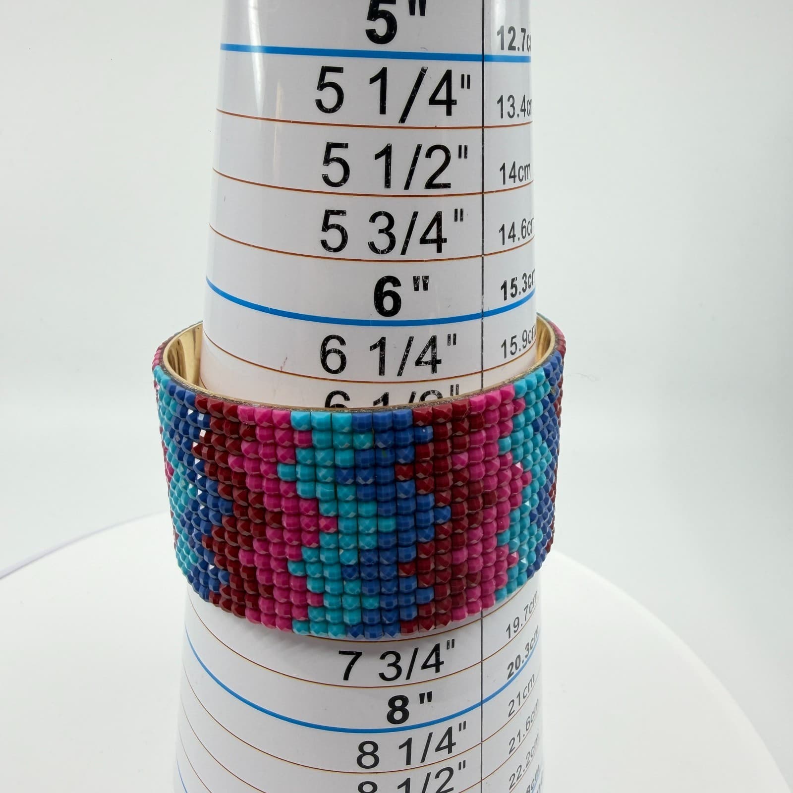 Boho Beaded Cuff Bracelet Vibrant Mosaic Pattern Gold Tone Wide Statement Piece - Thumbnail 8