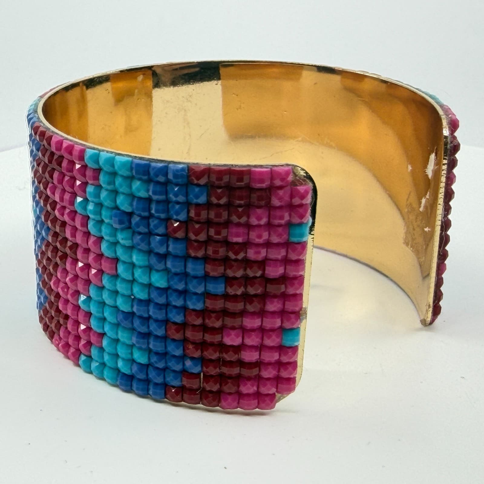 Boho Beaded Cuff Bracelet Vibrant Mosaic Pattern Gold Tone Wide Statement Piece - Thumbnail 5