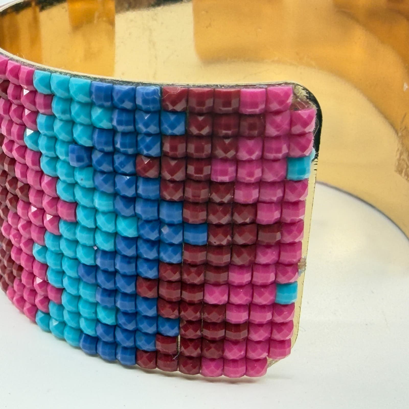 Boho Beaded Cuff Bracelet Vibrant Mosaic Pattern Gold Tone Wide Statement Piece - Thumbnail 6