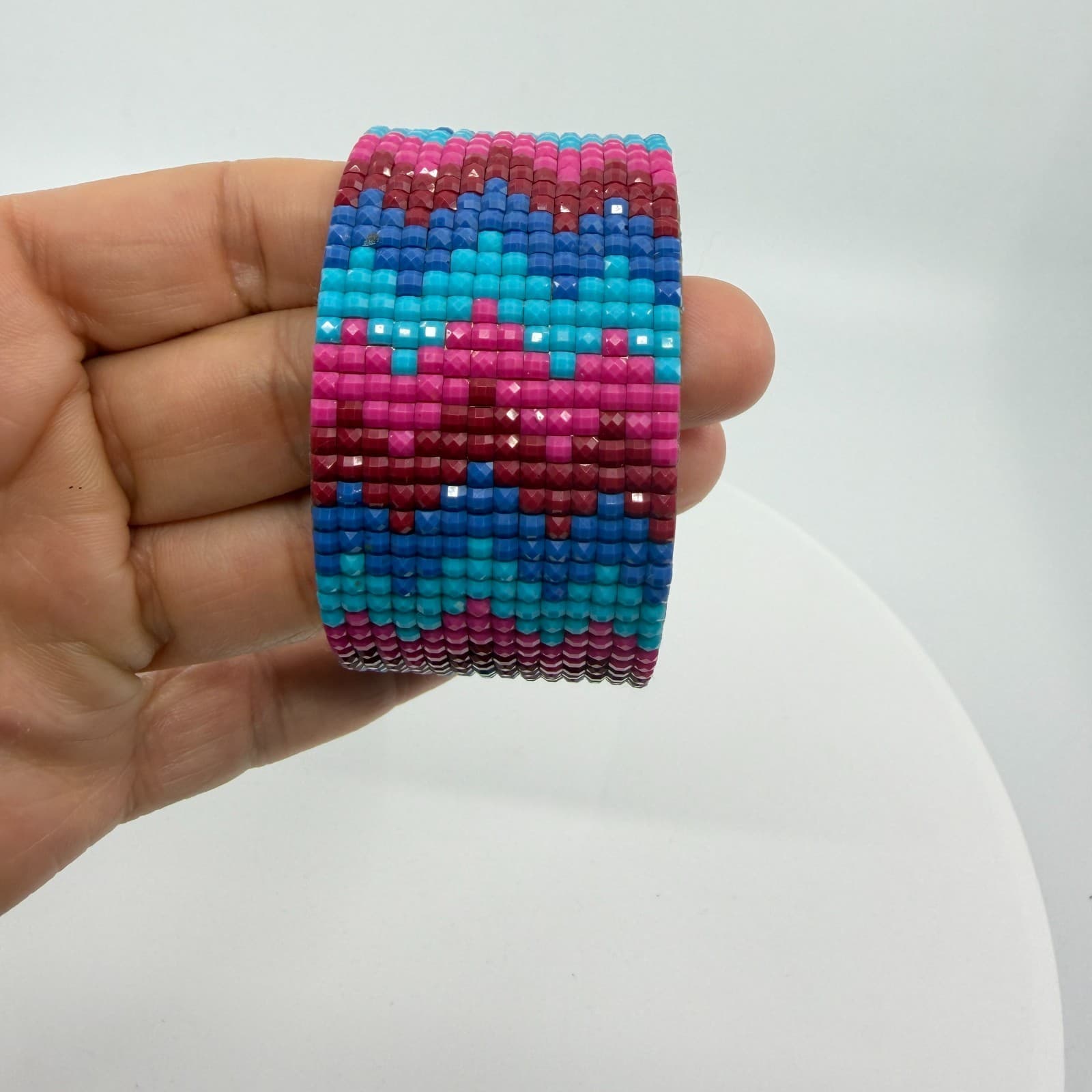 Boho Beaded Cuff Bracelet Vibrant Mosaic Pattern Gold Tone Wide Statement Piece - Thumbnail 7
