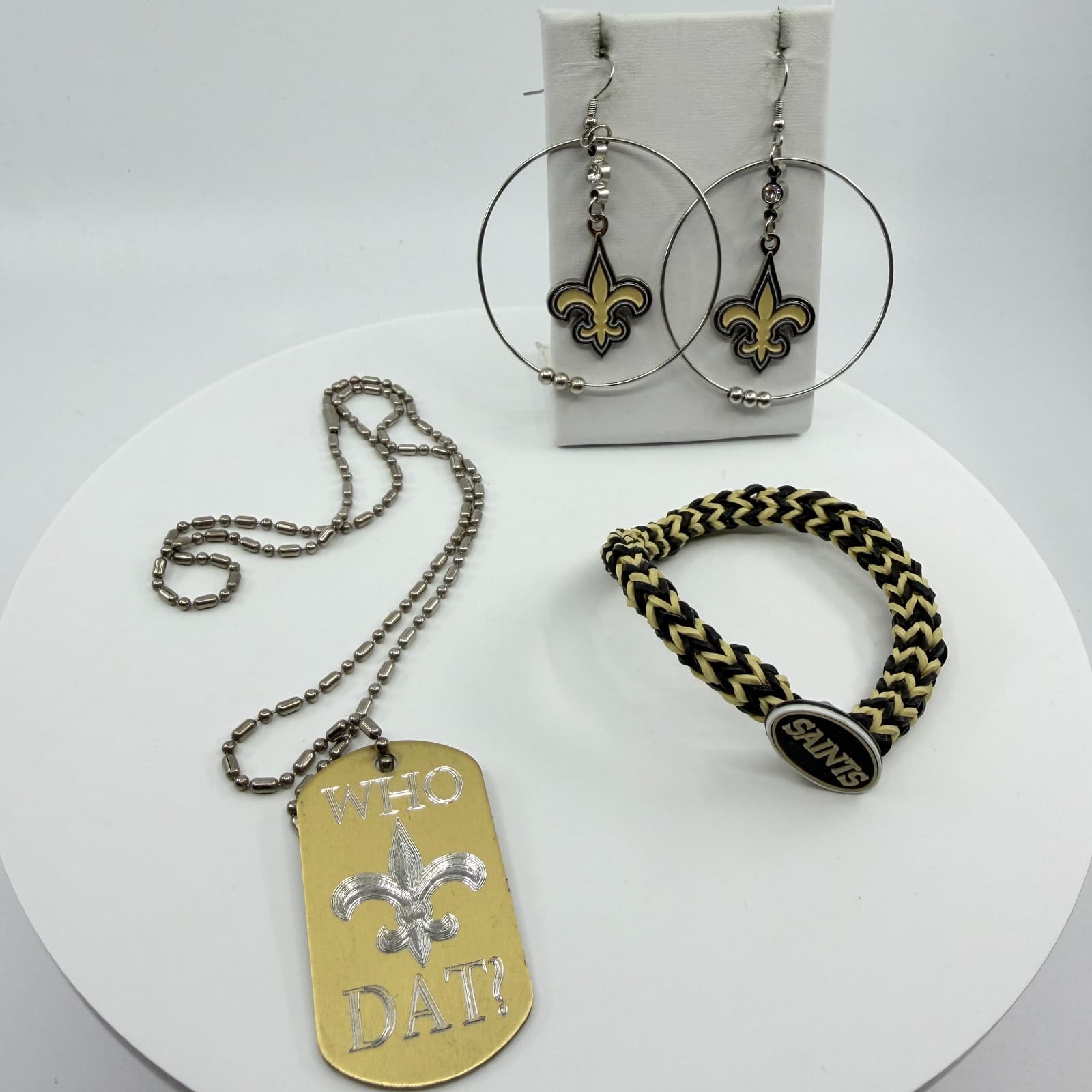 Y2K Orleans Saints Fan Jewelry Lot Hoop Earrings Braided Bracelet Tag Necklace