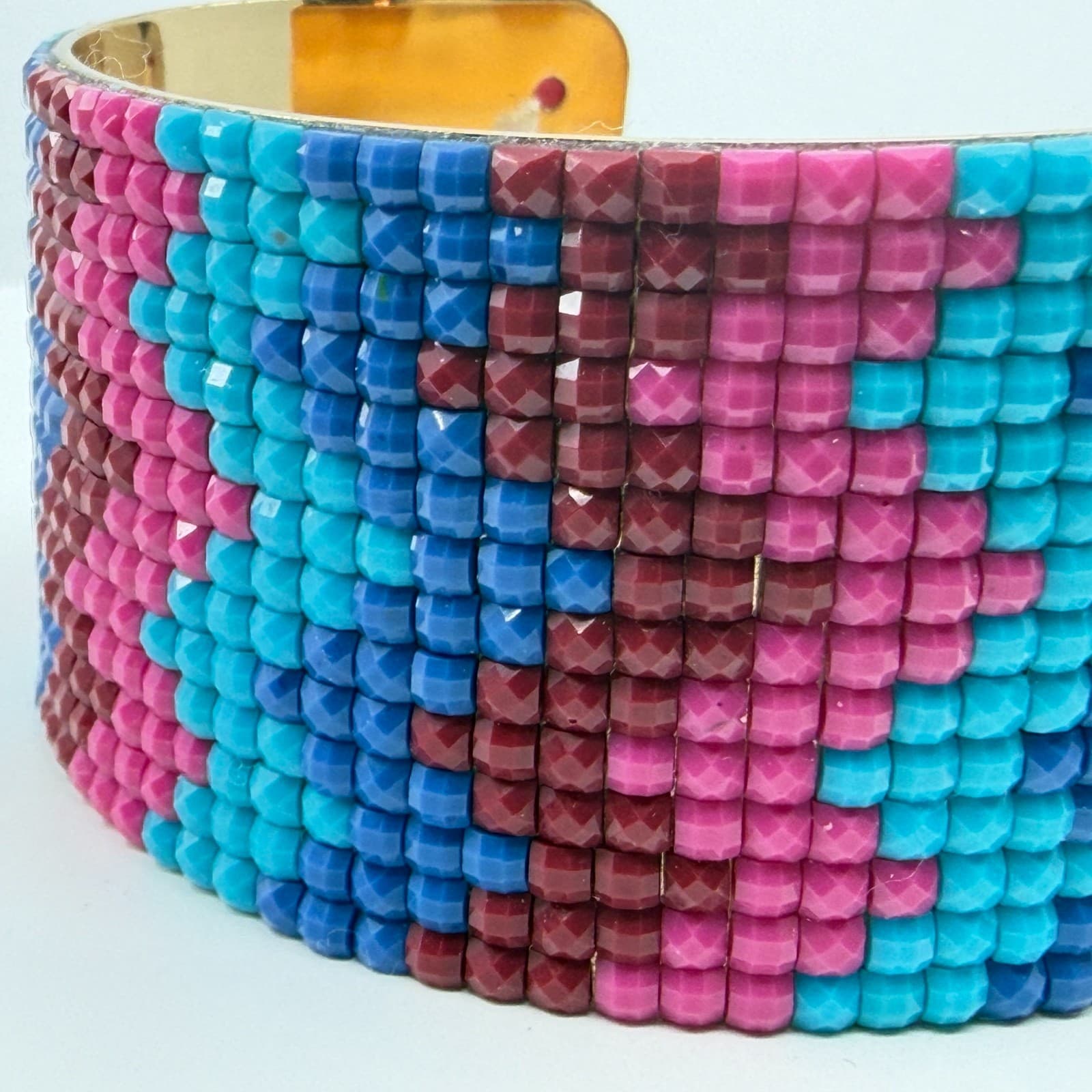 Boho Beaded Cuff Bracelet Vibrant Mosaic Pattern Gold Tone Wide Statement Piece - Thumbnail 4