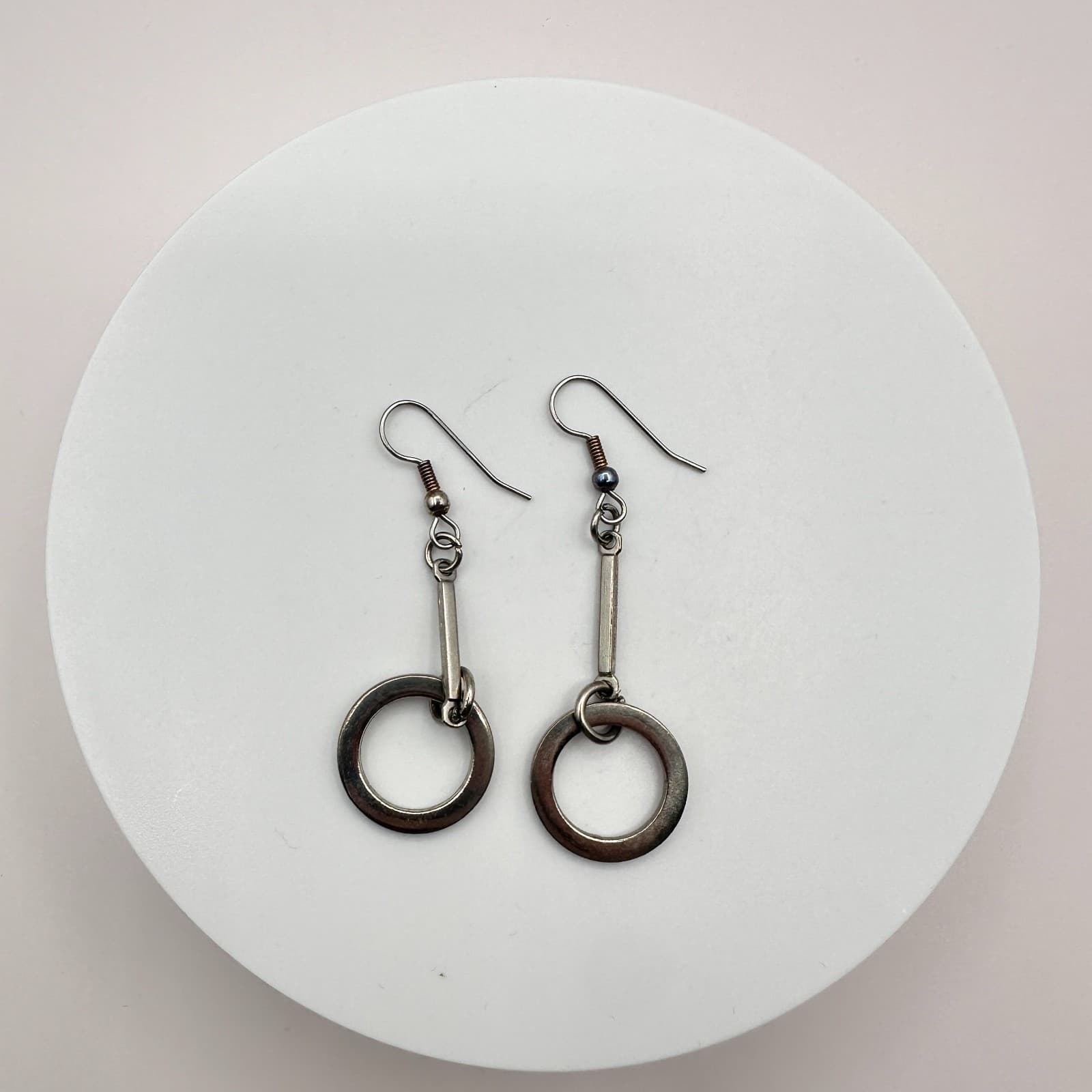 Vintage 90s Silver Tone Geometric Hoop Dangle Earrings Minimalist Modern Fashion - Thumbnail 4