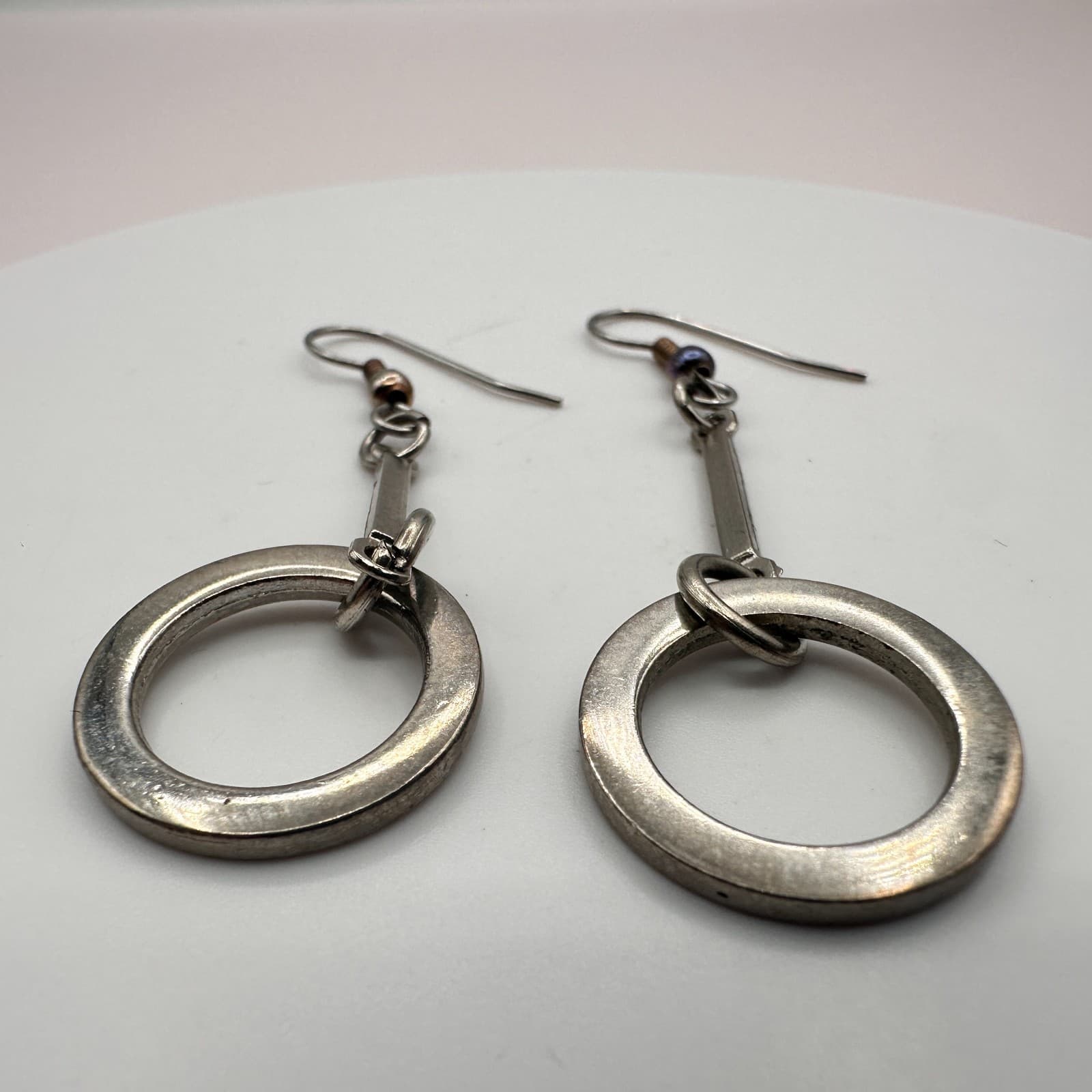 Vintage 90s Silver Tone Geometric Hoop Dangle Earrings Minimalist Modern Fashion - Thumbnail 3