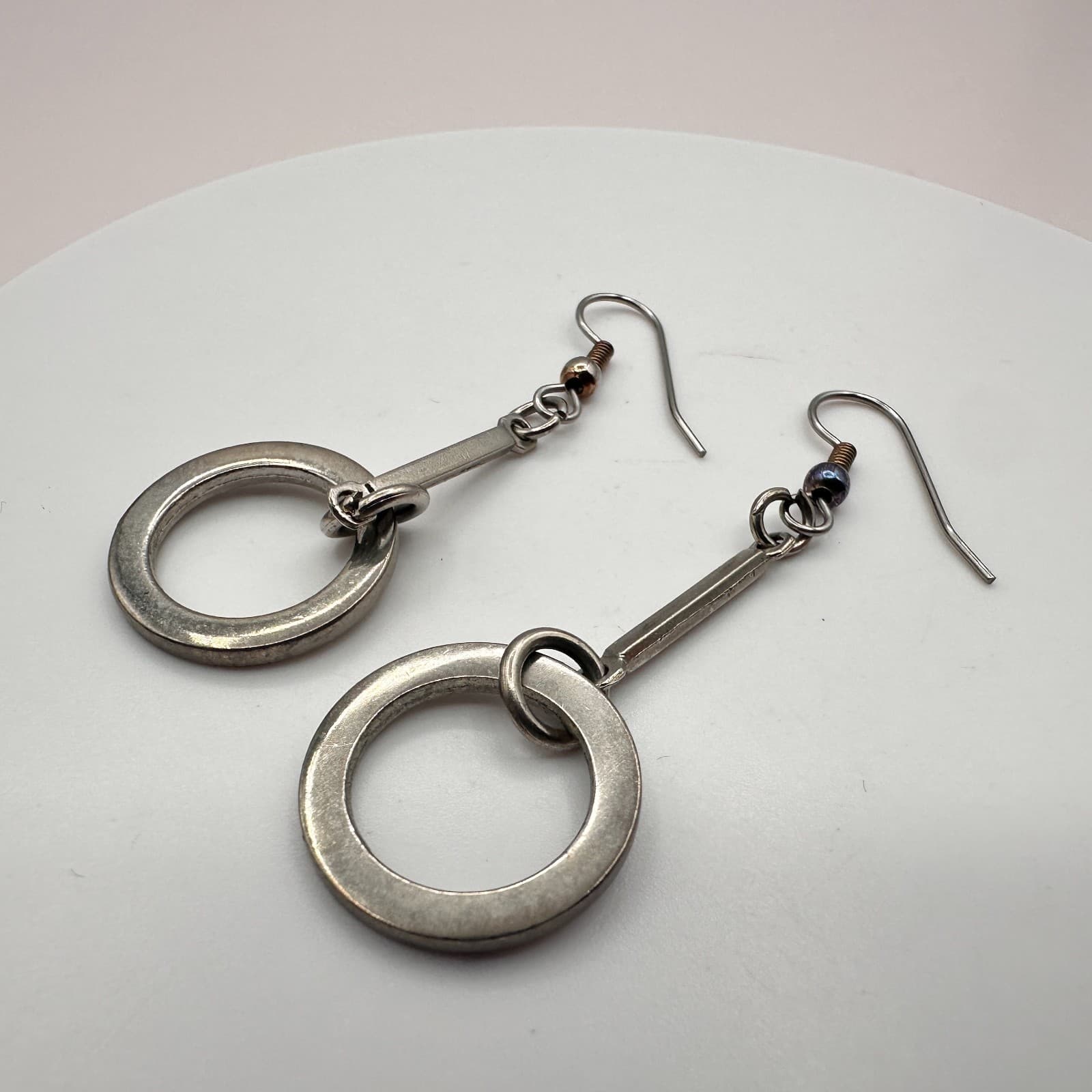 Vintage 90s Silver Tone Geometric Hoop Dangle Earrings Minimalist Modern Fashion - Thumbnail 5