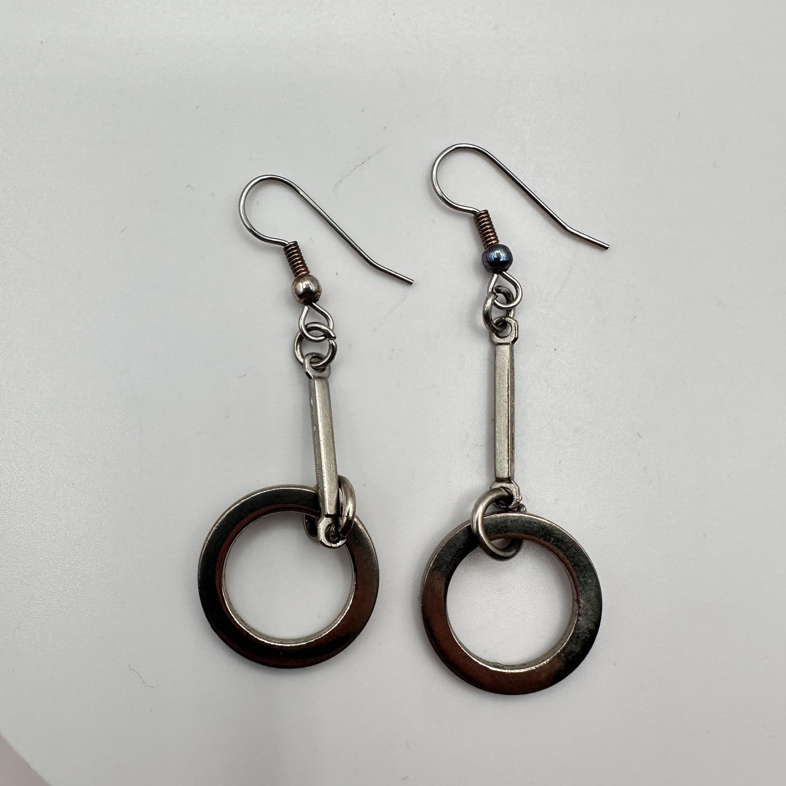 Vintage 90s Silver Tone Geometric Hoop Dangle Earrings Minimalist Modern Fashion - Thumbnail 2