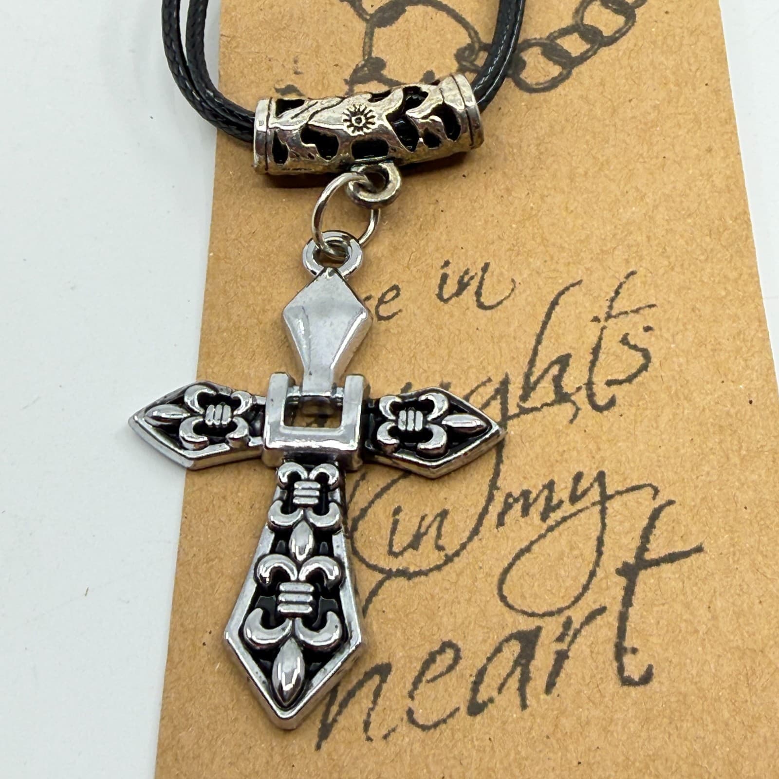 Gothic Fleur De Lis Cross Pendant Necklace Black Cord Layering Statement Gift - Thumbnail 2