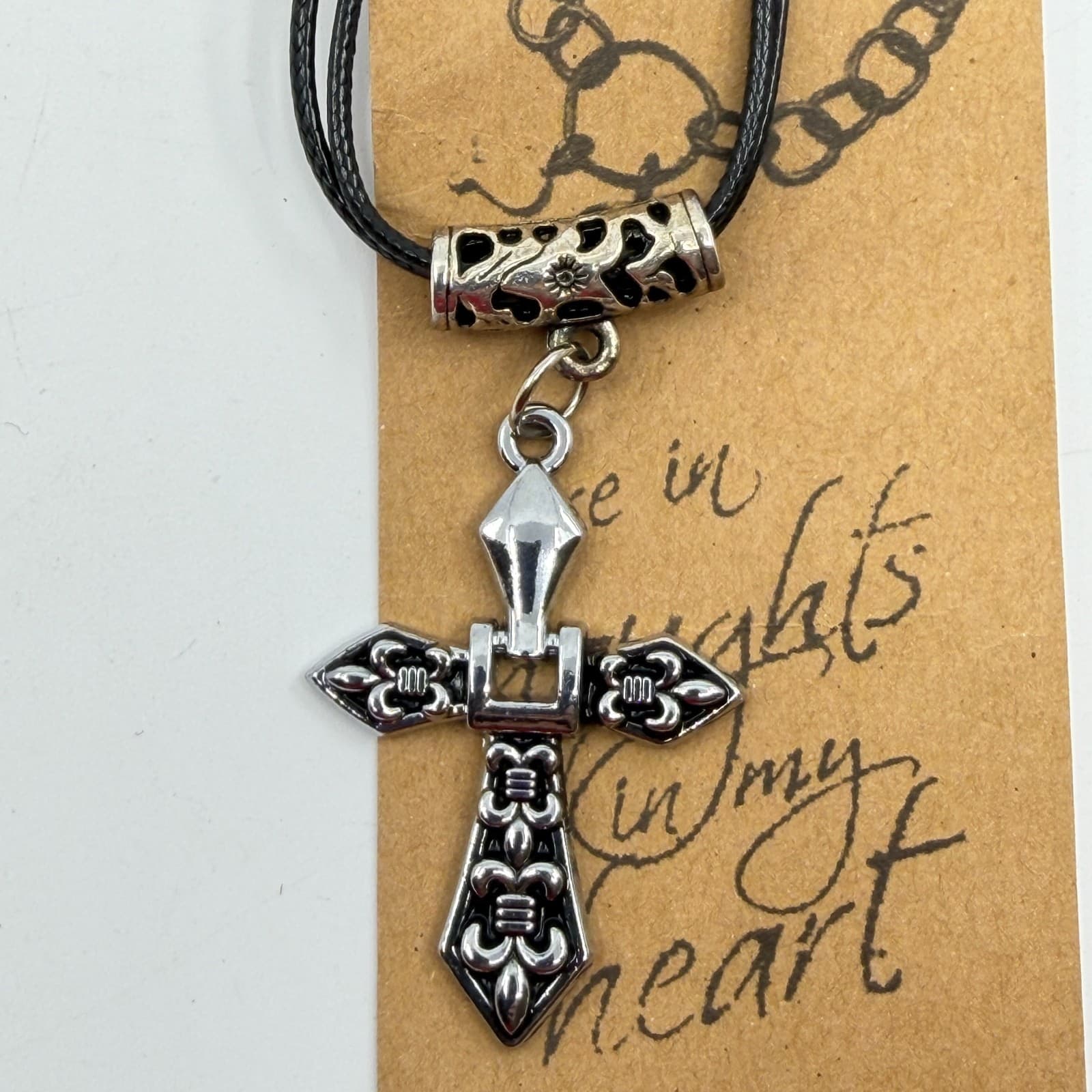 Gothic Fleur De Lis Cross Pendant Necklace Black Cord Layering Statement Gift - Thumbnail 3