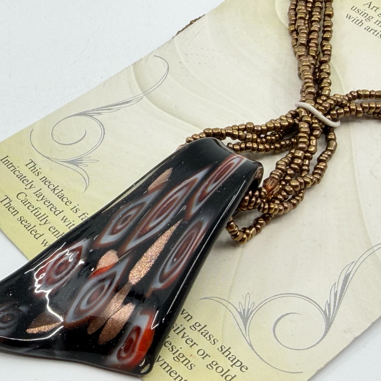 Murano Art Glass Pendant Statement Necklace Multi Strand Seed Bead Boho Gift - Thumbnail 6
