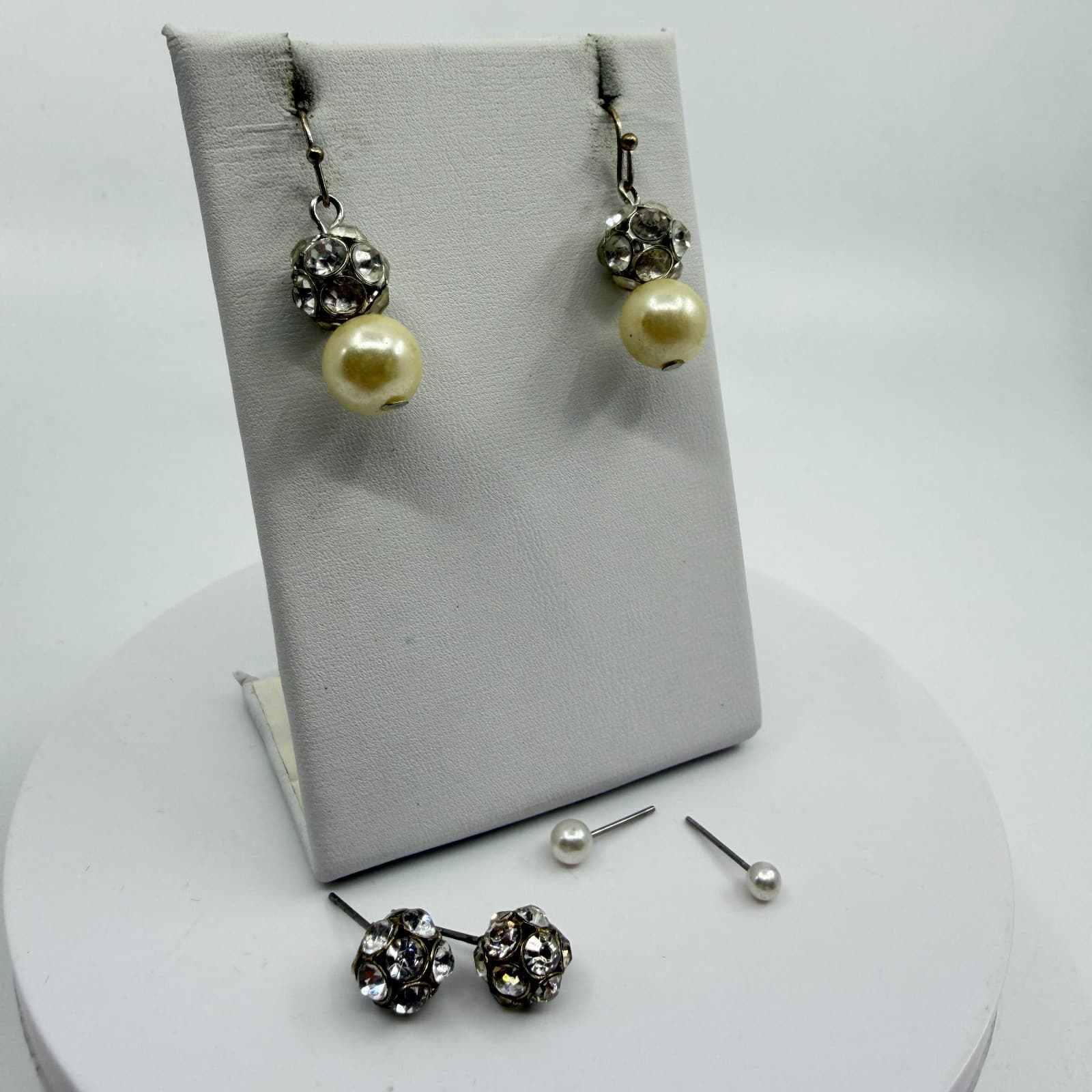 Faux Pearl Crystal Disco Ball Statement Bracelet Dangle Stud Earrings Set 4pc
