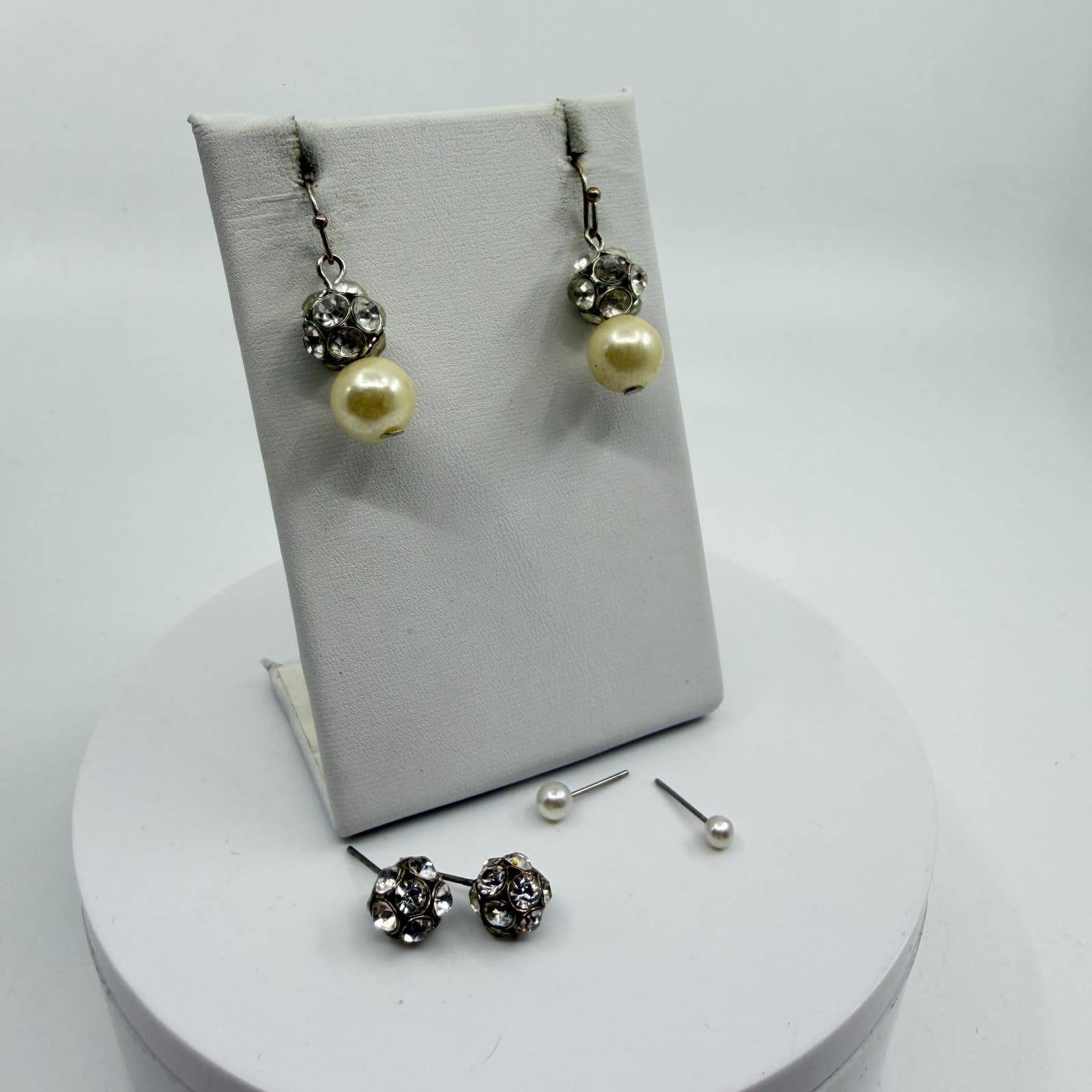Faux Pearl Crystal Disco Ball Statement Bracelet Dangle Stud Earrings Set 4pc - Thumbnail 2
