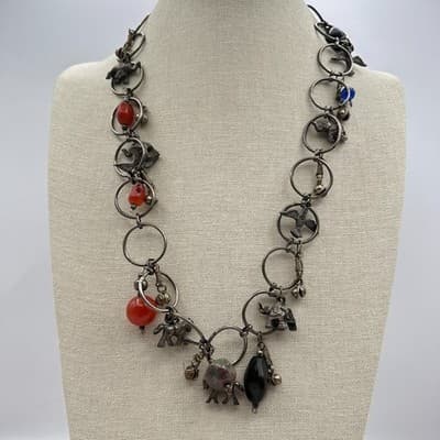 Vintage Y2K Silver Tone Beaded Animal Charm Necklace Women's Classic Jewelry