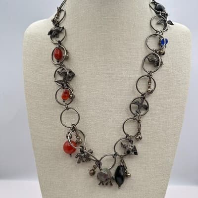 Vintage Y2K Silver Tone Beaded Animal Charm Necklace Women's Classic Jewelry - Thumbnail 2
