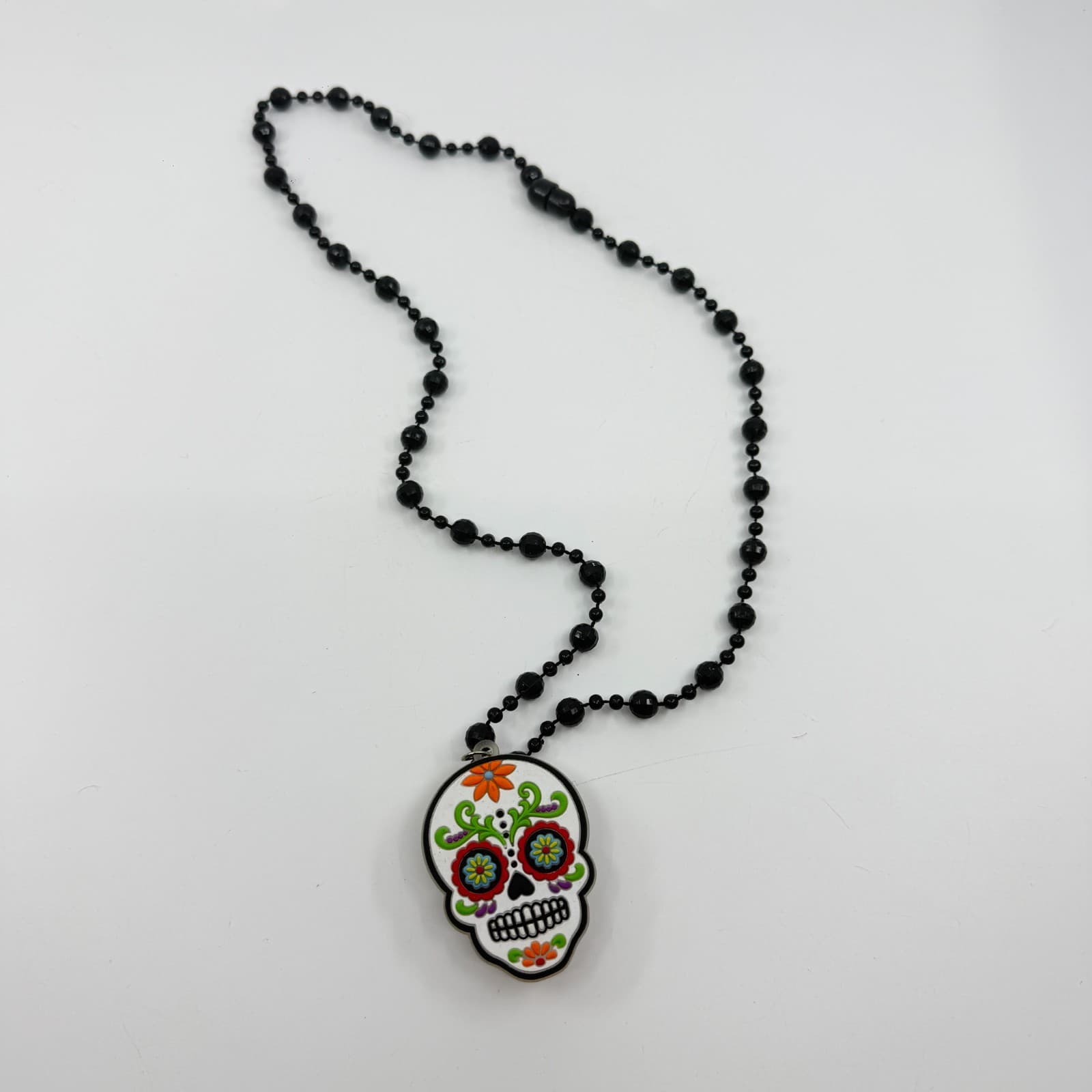 Day Of The Dead Sugar Skull Pendant Necklace Black Beads Magnetic Clasp Colorful