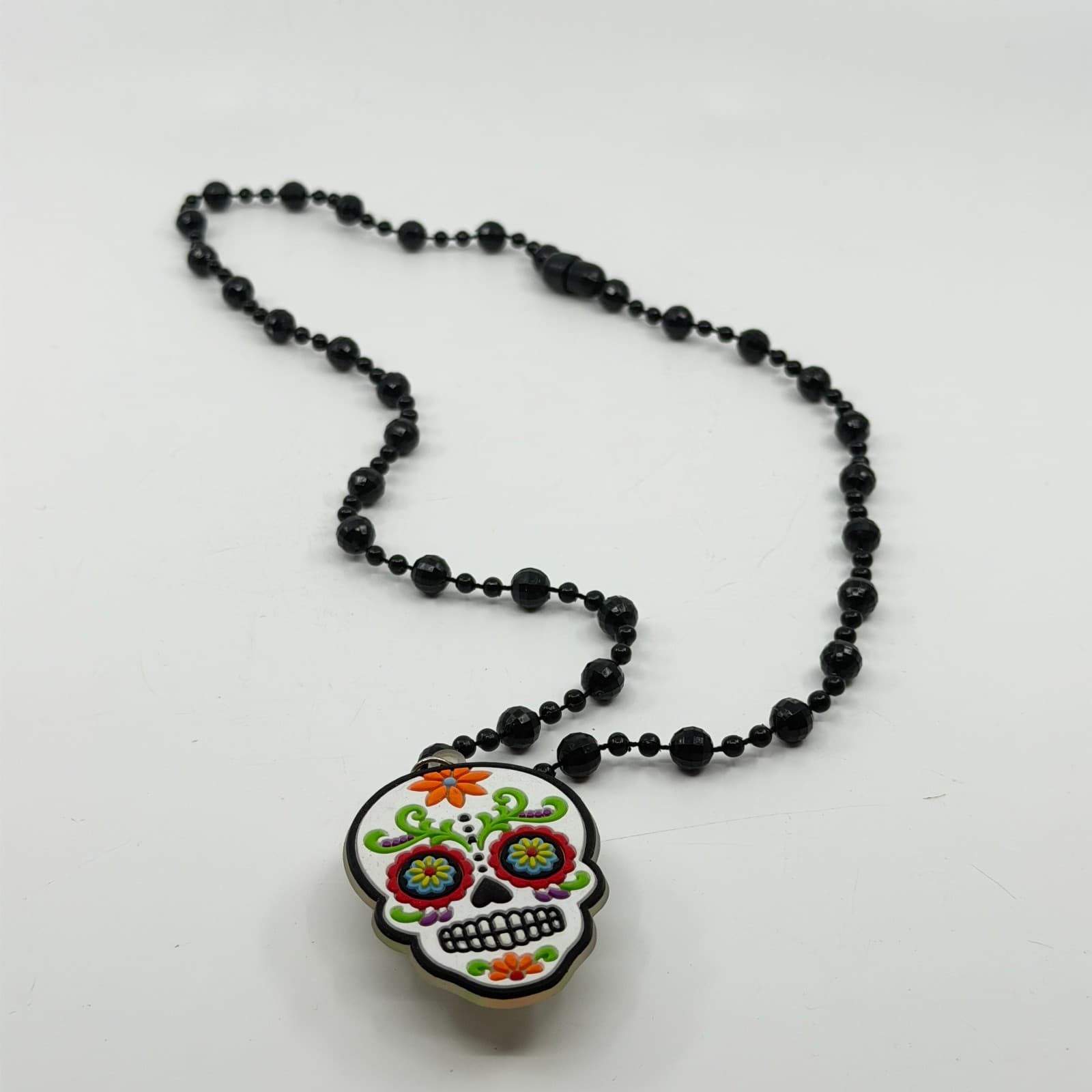 Day Of The Dead Sugar Skull Pendant Necklace Black Beads Magnetic Clasp Colorful - Thumbnail 4