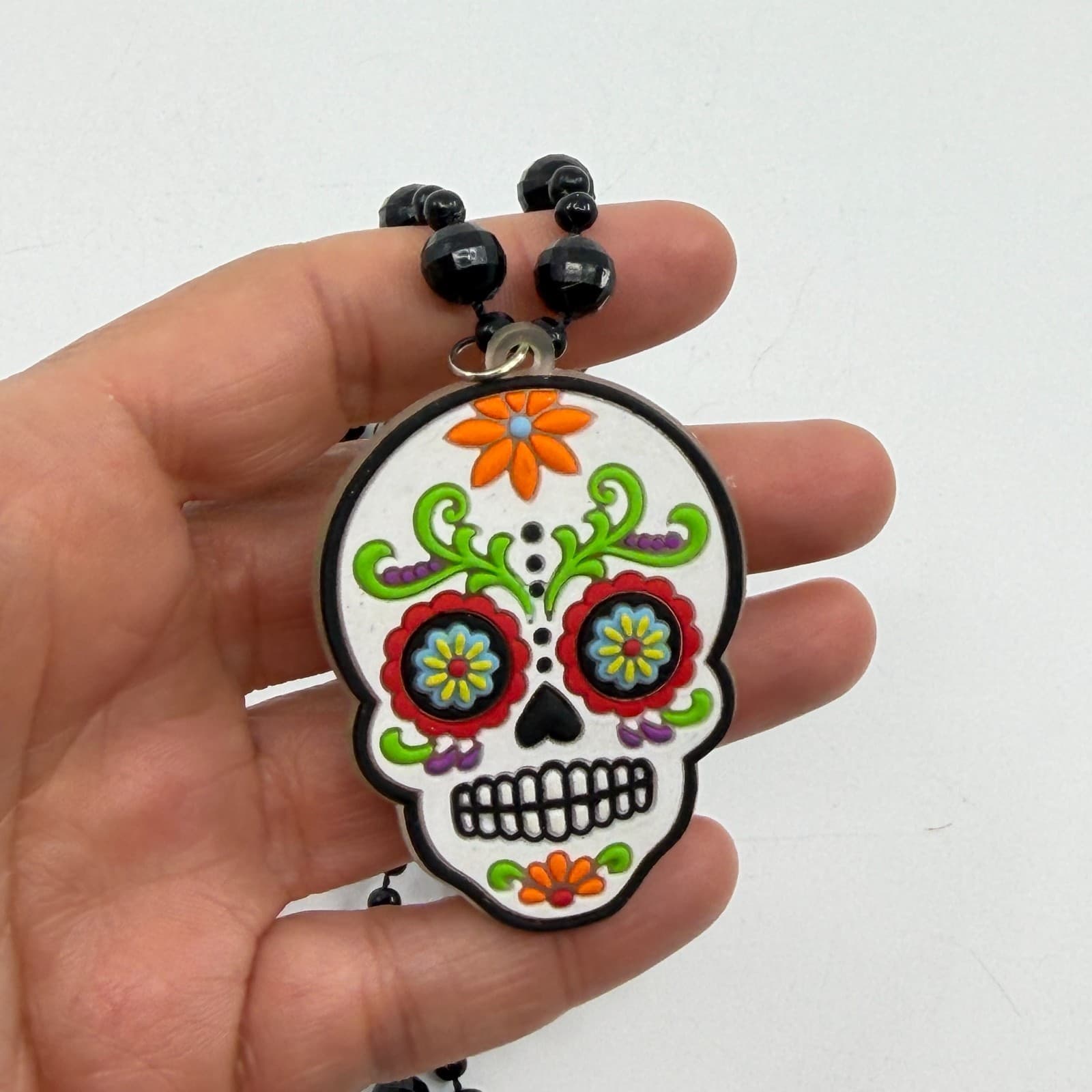 Day Of The Dead Sugar Skull Pendant Necklace Black Beads Magnetic Clasp Colorful - Thumbnail 5