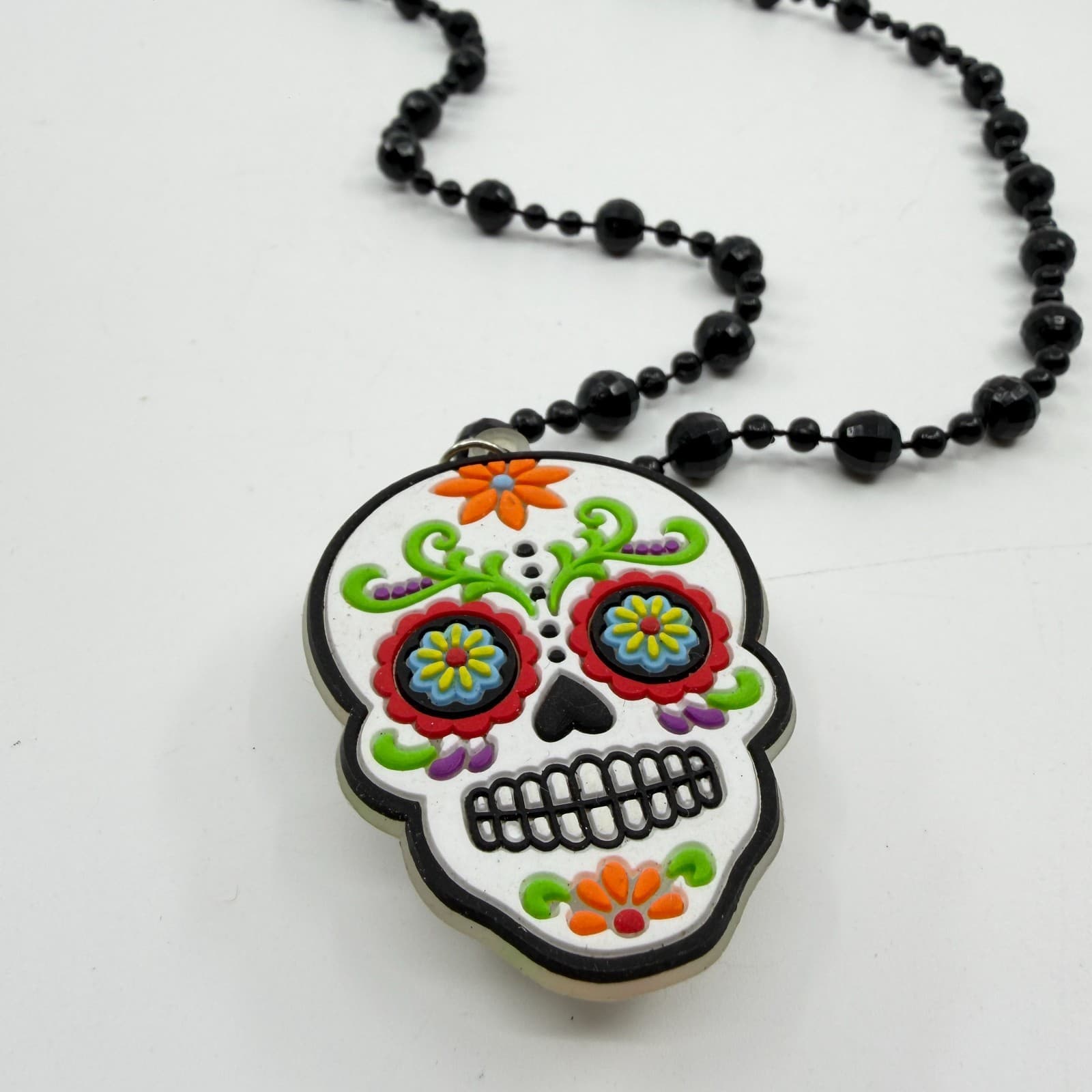Day Of The Dead Sugar Skull Pendant Necklace Black Beads Magnetic Clasp Colorful - Thumbnail 2