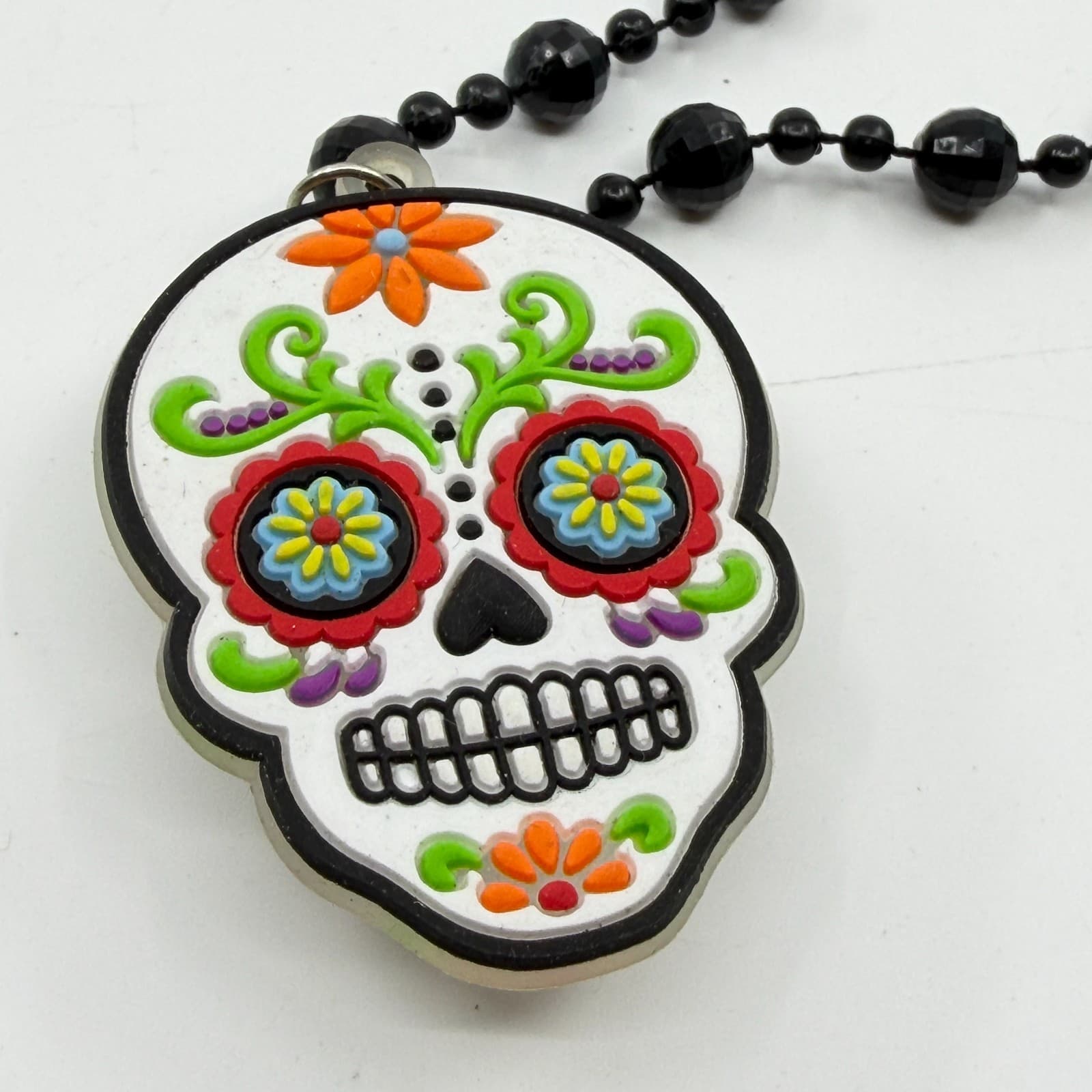 Day Of The Dead Sugar Skull Pendant Necklace Black Beads Magnetic Clasp Colorful - Thumbnail 3
