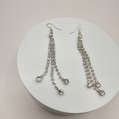 Vintage 90s Triple Strand Clear Rhinestone Dangle Earrings Silver Tone Jewelry - Thumbnail 6