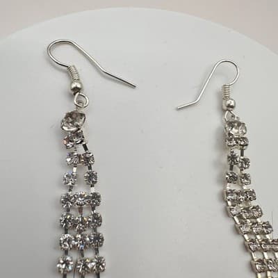 Vintage 90s Triple Strand Clear Rhinestone Dangle Earrings Silver Tone Jewelry - Thumbnail 4
