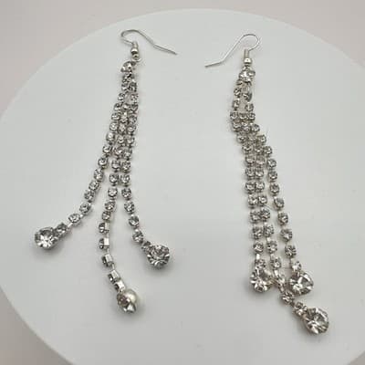Vintage 90s Triple Strand Clear Rhinestone Dangle Earrings Silver Tone Jewelry - Thumbnail 2