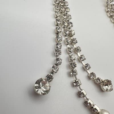 Vintage 90s Triple Strand Clear Rhinestone Dangle Earrings Silver Tone Jewelry - Thumbnail 5