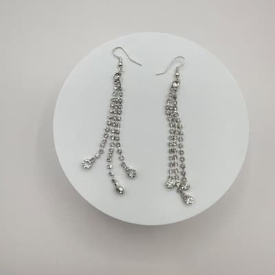 Vintage 90s Triple Strand Clear Rhinestone Dangle Earrings Silver Tone Jewelry - Thumbnail 3