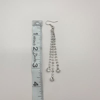 Vintage 90s Triple Strand Clear Rhinestone Dangle Earrings Silver Tone Jewelry - Thumbnail 7