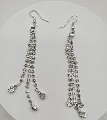 Vintage 90s Triple Strand Clear Rhinestone Dangle Earrings Silver Tone Jewelry