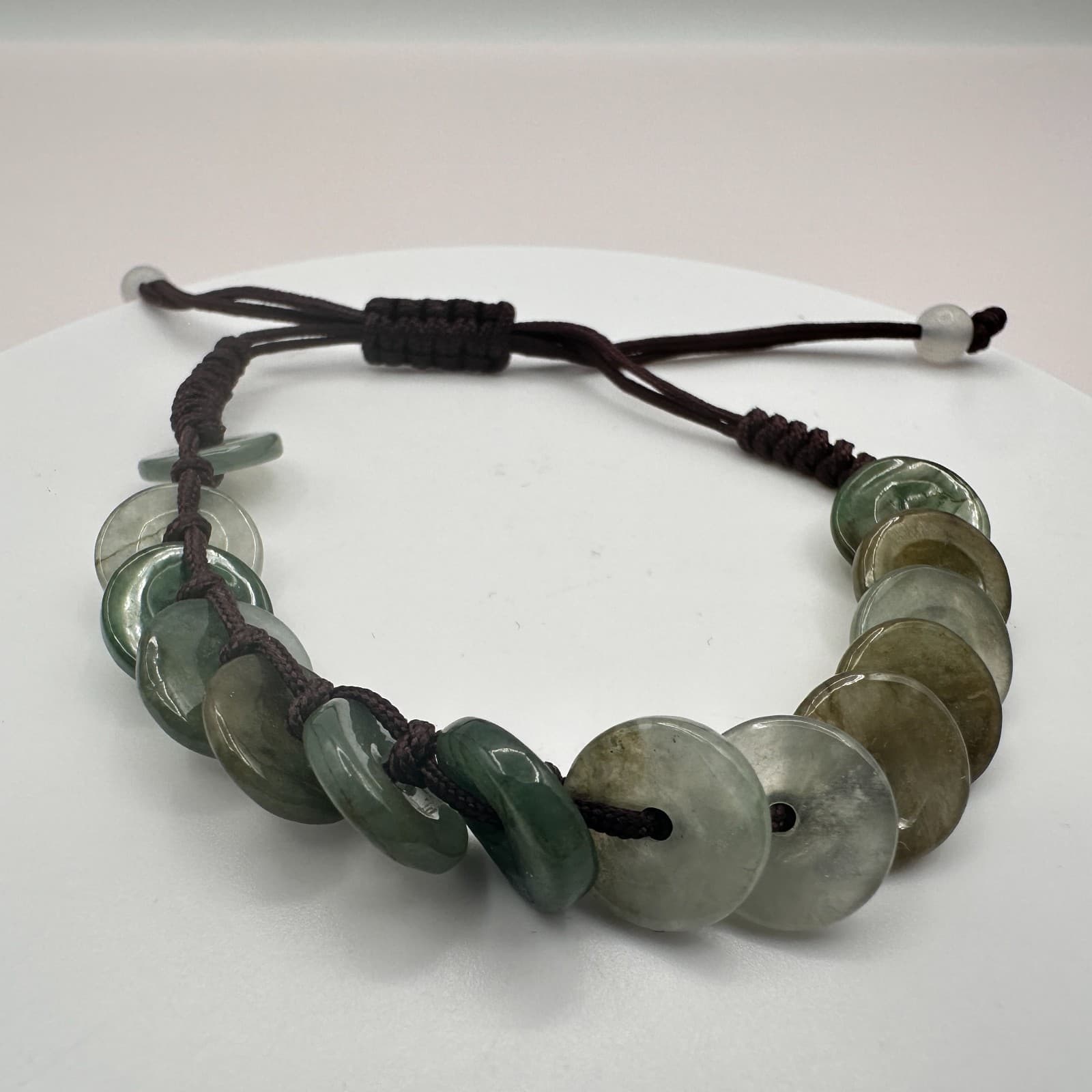 Vintage 90s Simulated Jade Disc Cord Adjustable Bracelet Boho Women's Jewelry - Thumbnail 4