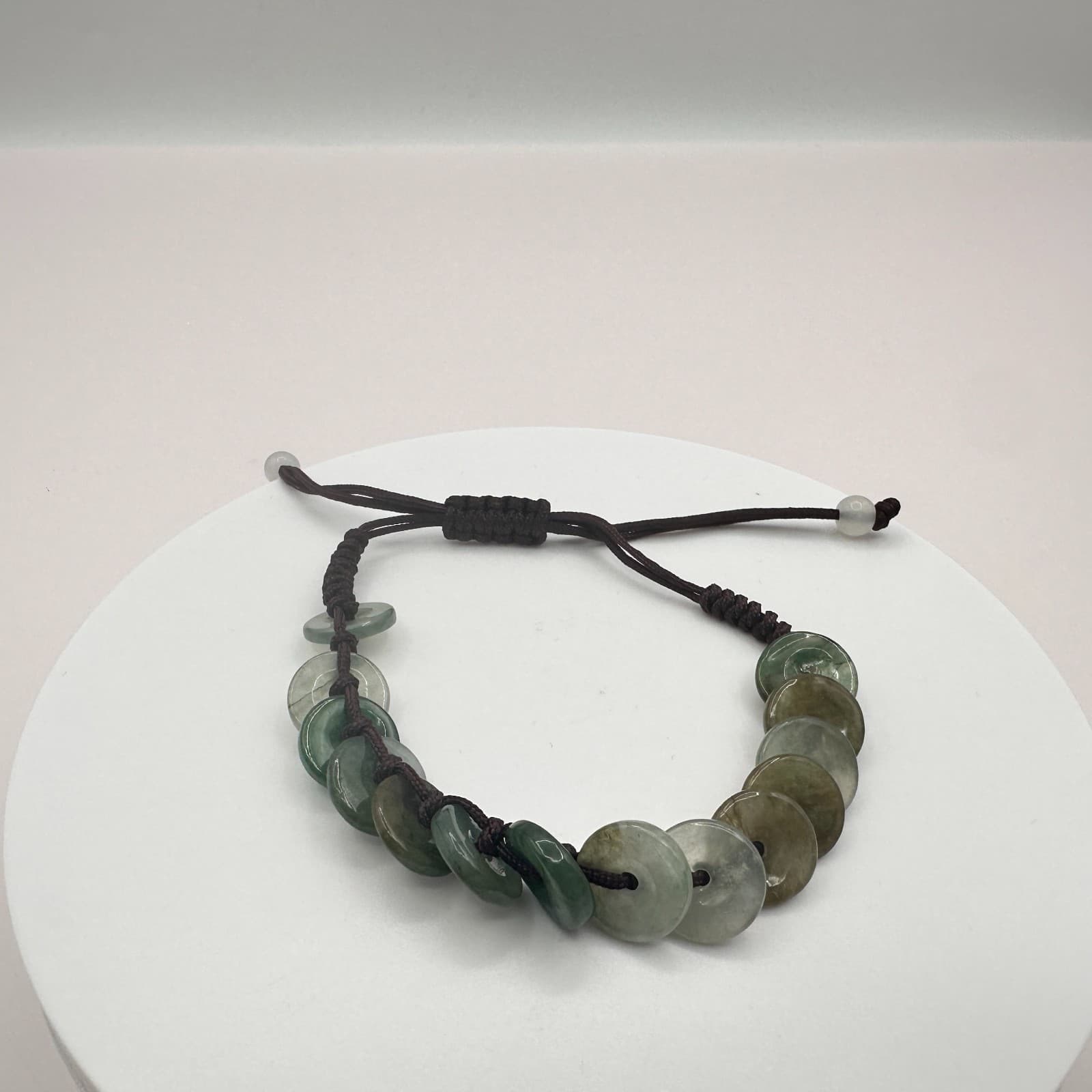Vintage 90s Simulated Jade Disc Cord Adjustable Bracelet Boho Women's Jewelry - Thumbnail 2