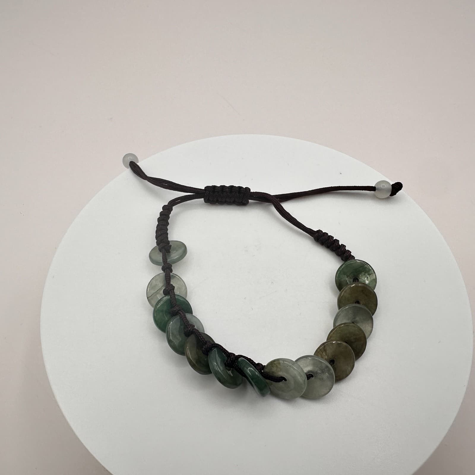 Vintage 90s Simulated Jade Disc Cord Adjustable Bracelet Boho Women's Jewelry - Thumbnail 3
