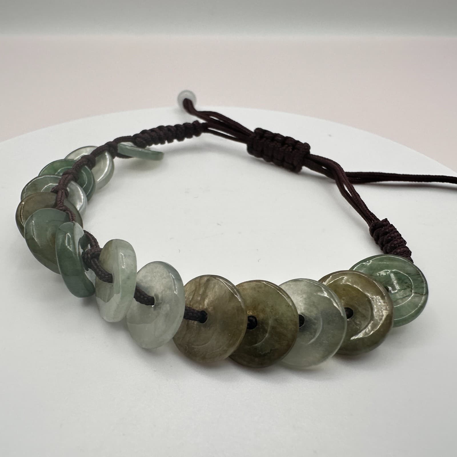 Vintage 90s Simulated Jade Disc Cord Adjustable Bracelet Boho Women's Jewelry