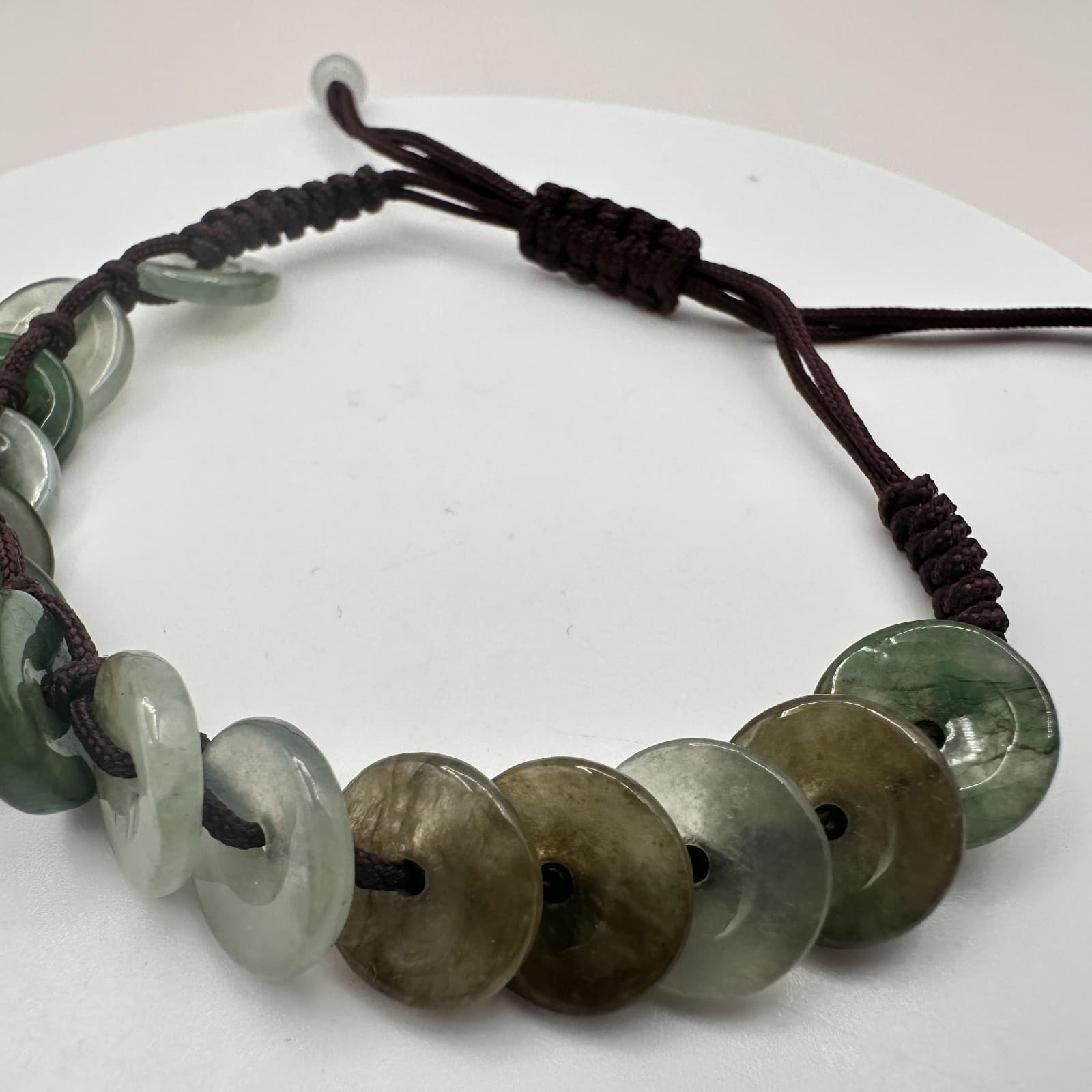 Vintage 90s Simulated Jade Disc Cord Adjustable Bracelet Boho Women's Jewelry - Thumbnail 6