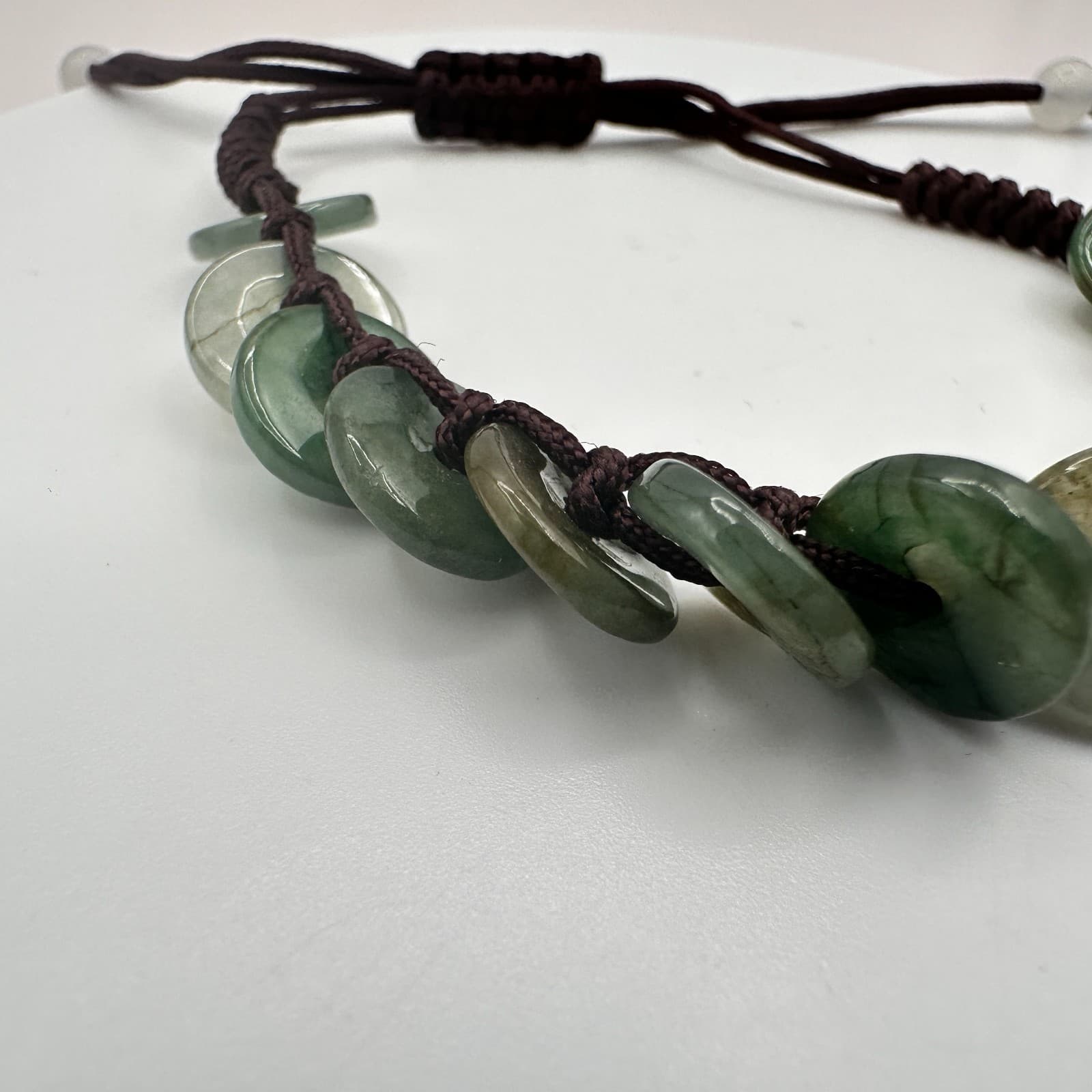 Vintage 90s Simulated Jade Disc Cord Adjustable Bracelet Boho Women's Jewelry - Thumbnail 5