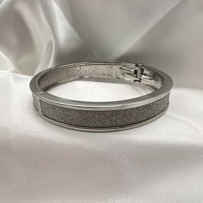 Vintage 90s Silver Tone Glitter Inlay Bangle Bracelet Hinged Fashion Jewelry - Thumbnail 9