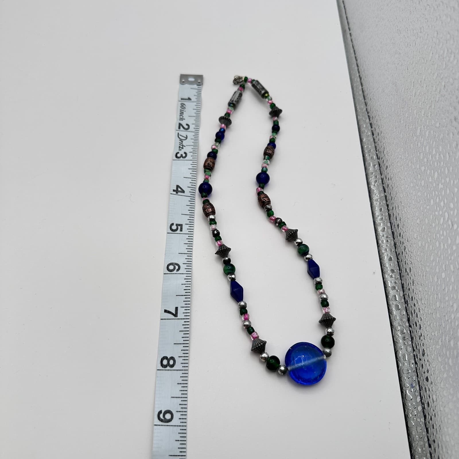 Vintage 90s Blue Glass Focal Bead Necklace Boho Tribal Western Fashion Jewelry - Thumbnail 8