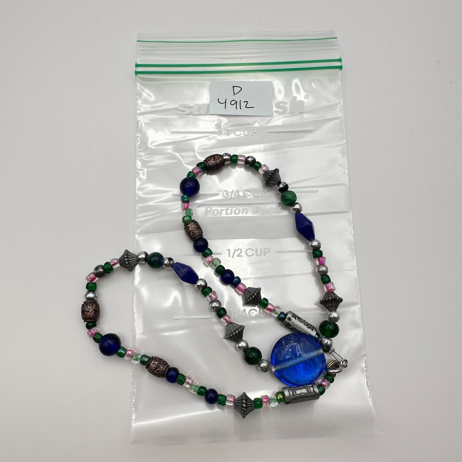 Vintage 90s Blue Glass Focal Bead Necklace Boho Tribal Western Fashion Jewelry - Thumbnail 9