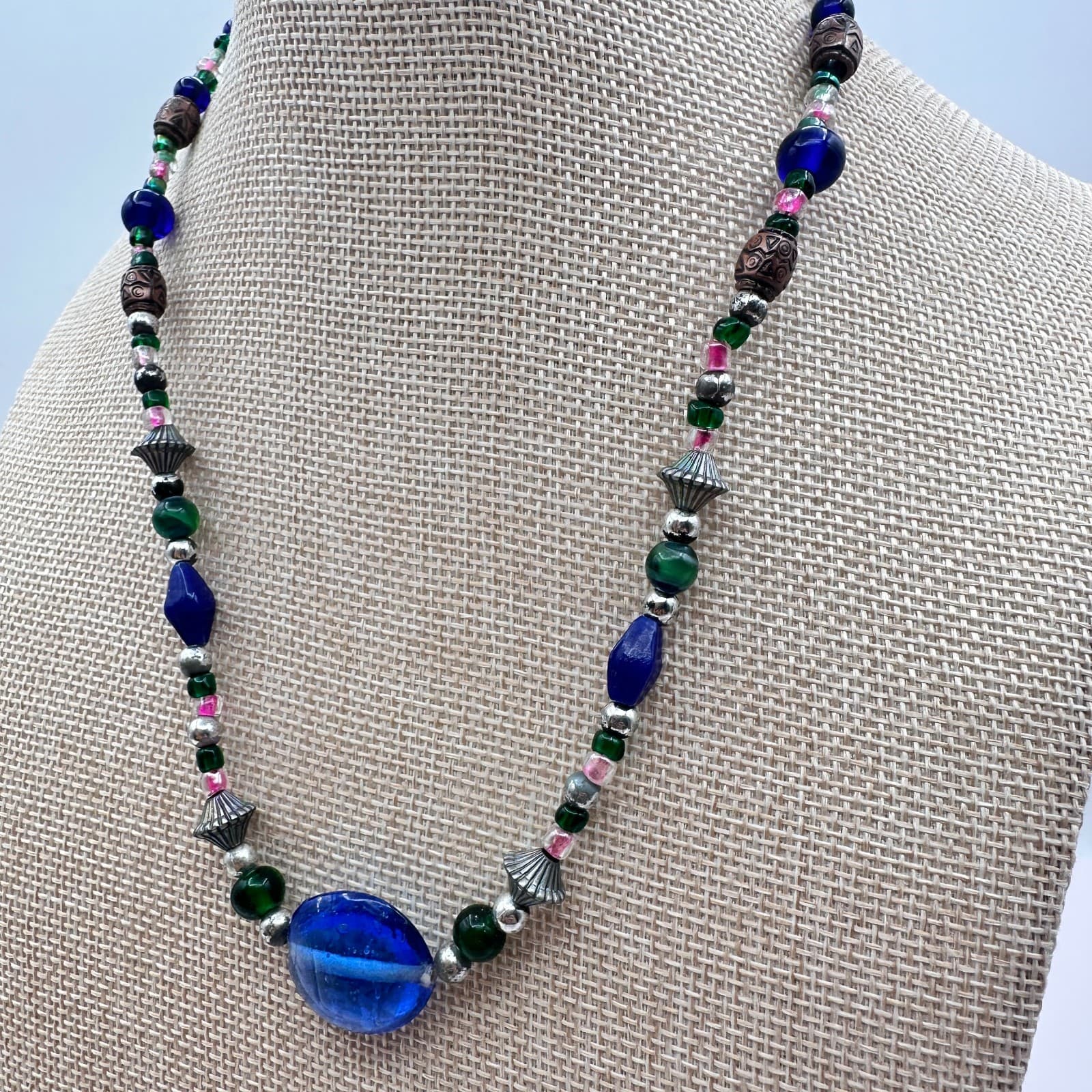 Vintage 90s Blue Glass Focal Bead Necklace Boho Tribal Western Fashion Jewelry - Thumbnail 5