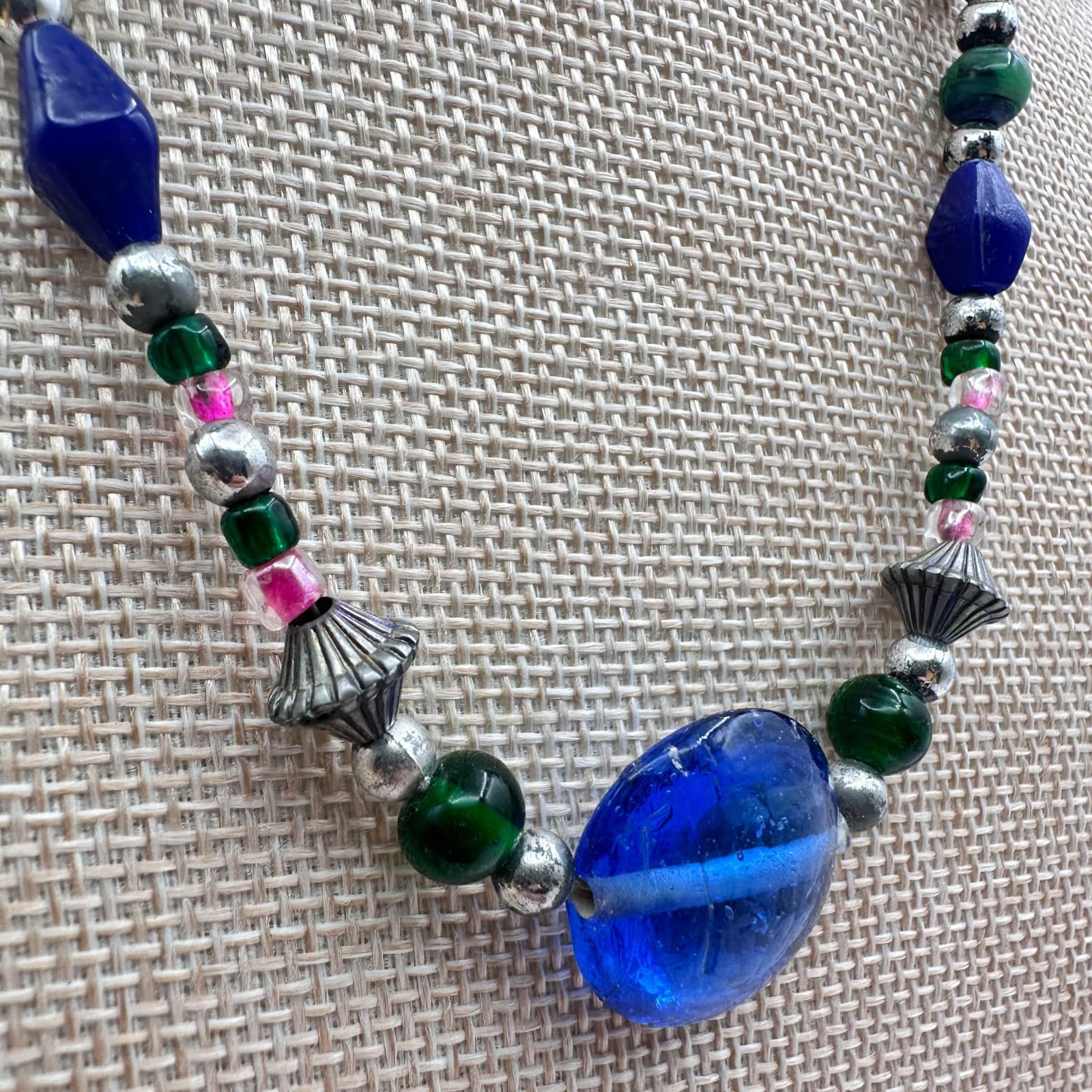 Vintage 90s Blue Glass Focal Bead Necklace Boho Tribal Western Fashion Jewelry - Thumbnail 3