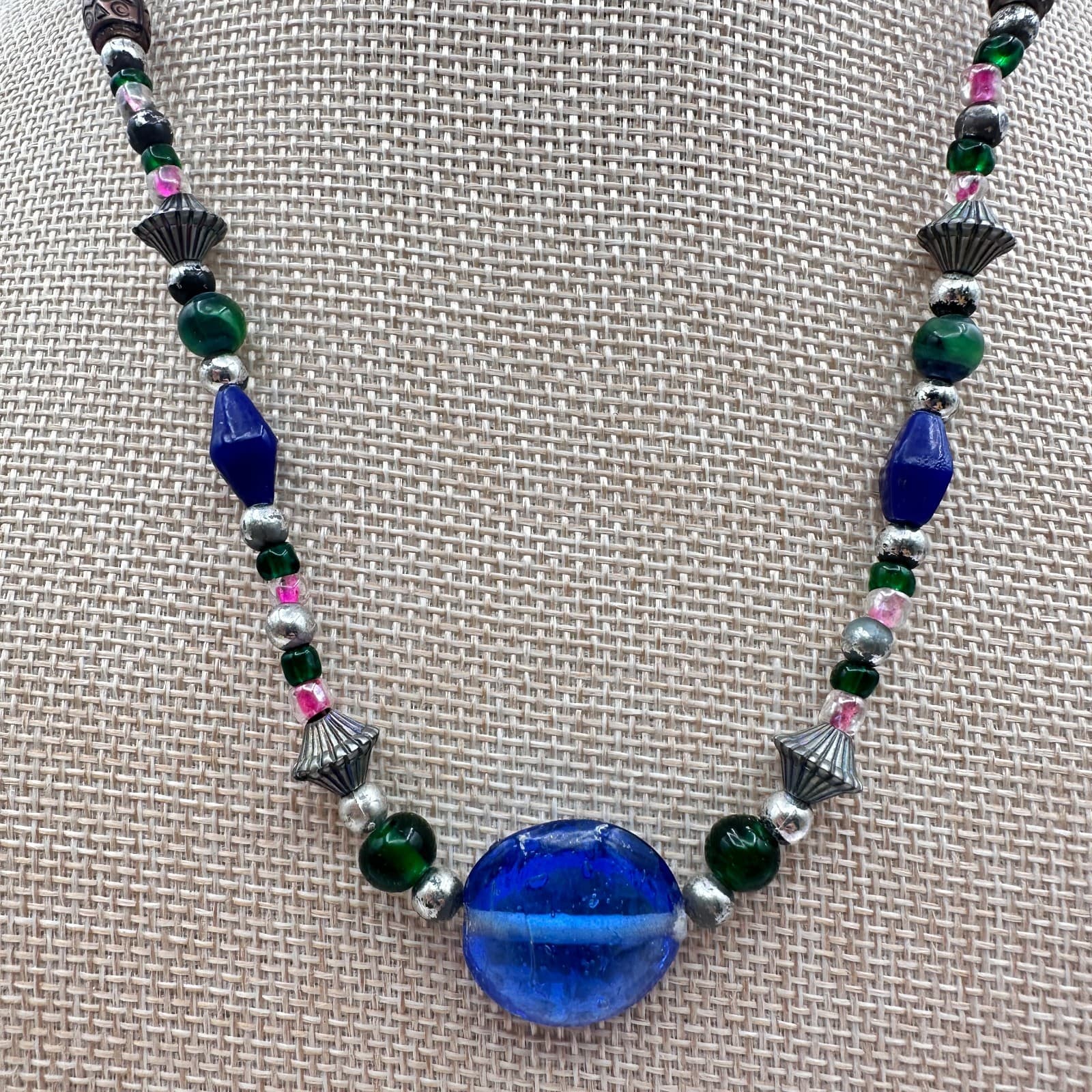 Vintage 90s Blue Glass Focal Bead Necklace Boho Tribal Western Fashion Jewelry