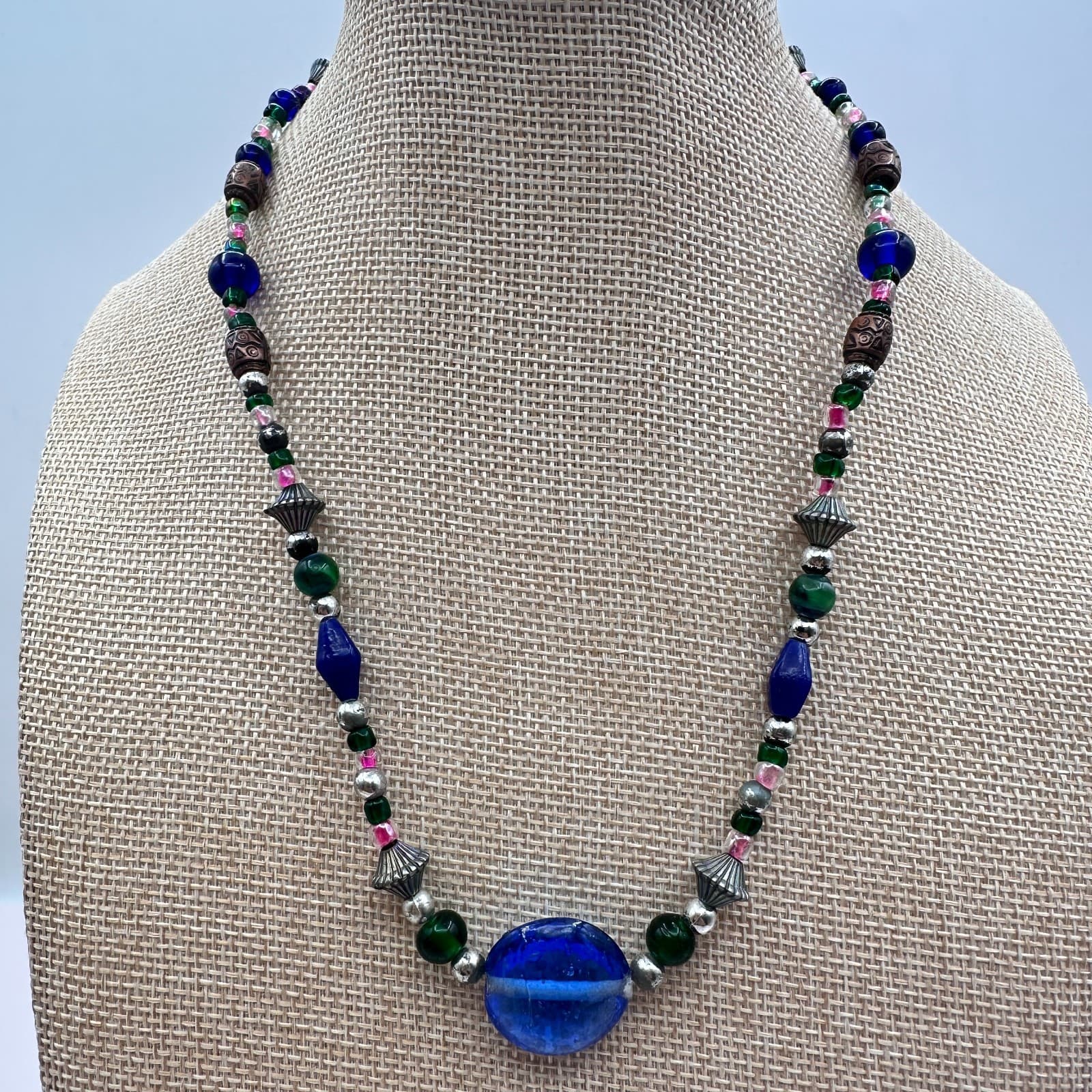 Vintage 90s Blue Glass Focal Bead Necklace Boho Tribal Western Fashion Jewelry - Thumbnail 2