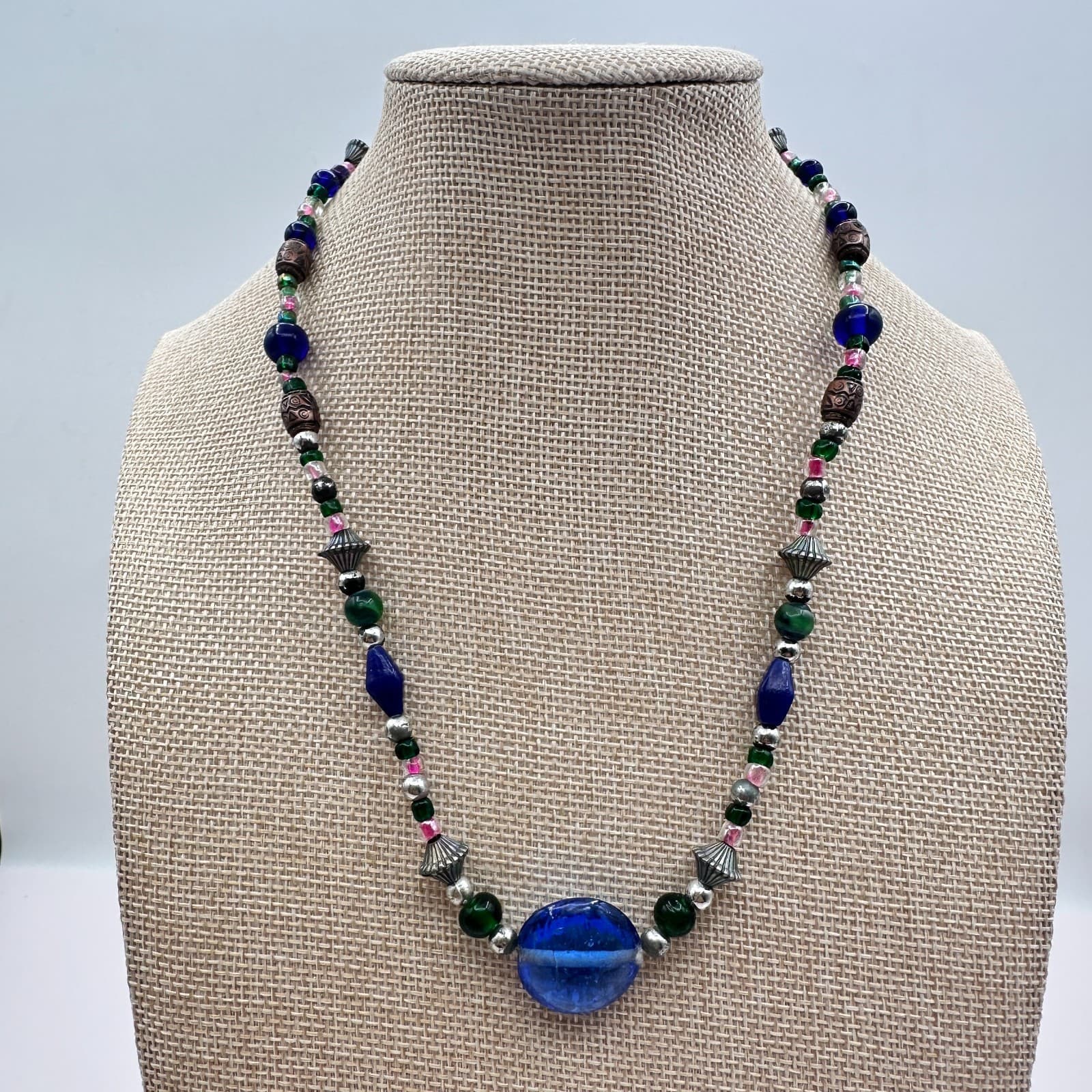 Vintage 90s Blue Glass Focal Bead Necklace Boho Tribal Western Fashion Jewelry - Thumbnail 6