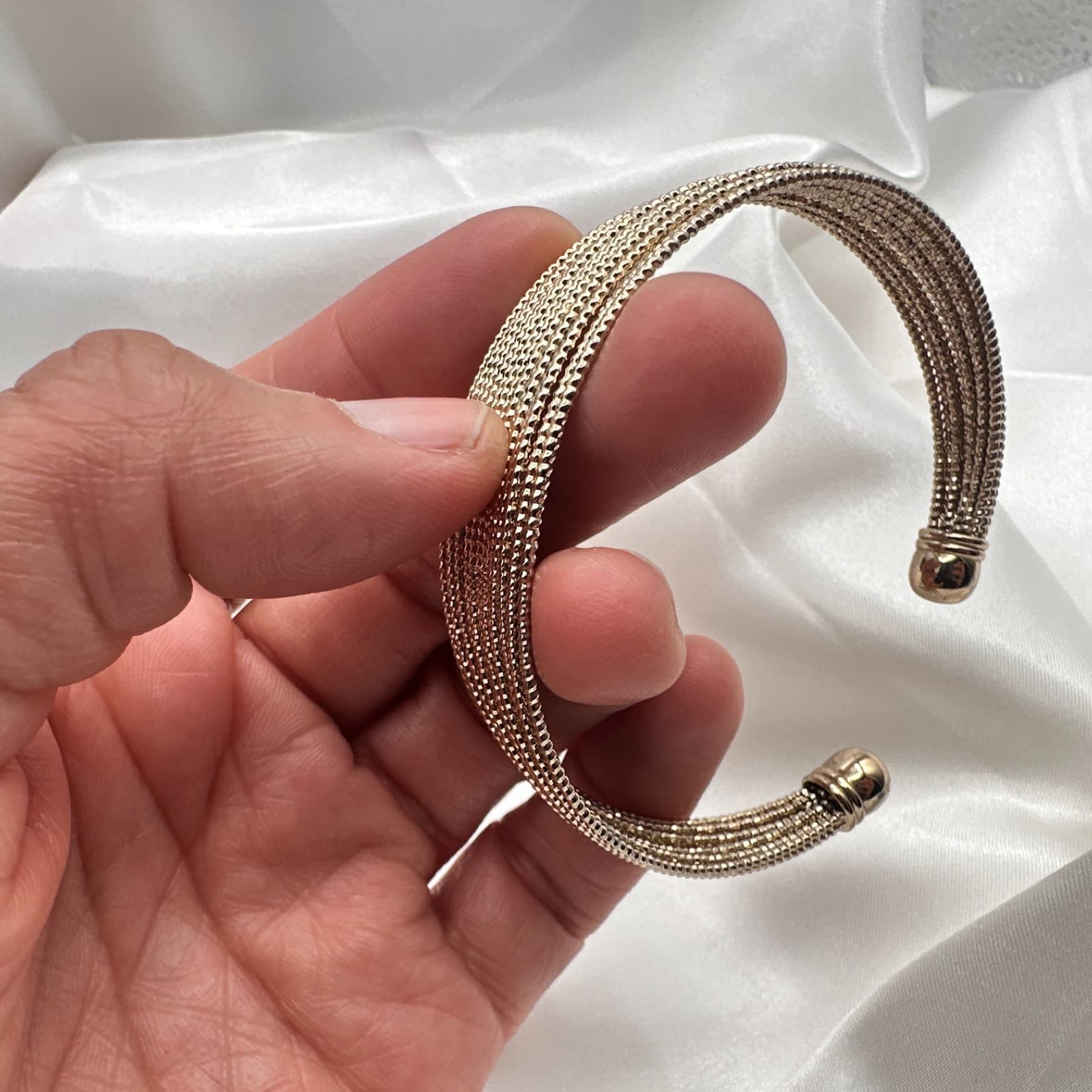Vintage 90s Gold Tone Multi Strand Mesh Cuff Bracelet Elegant Statement Jewelry - Thumbnail 11
