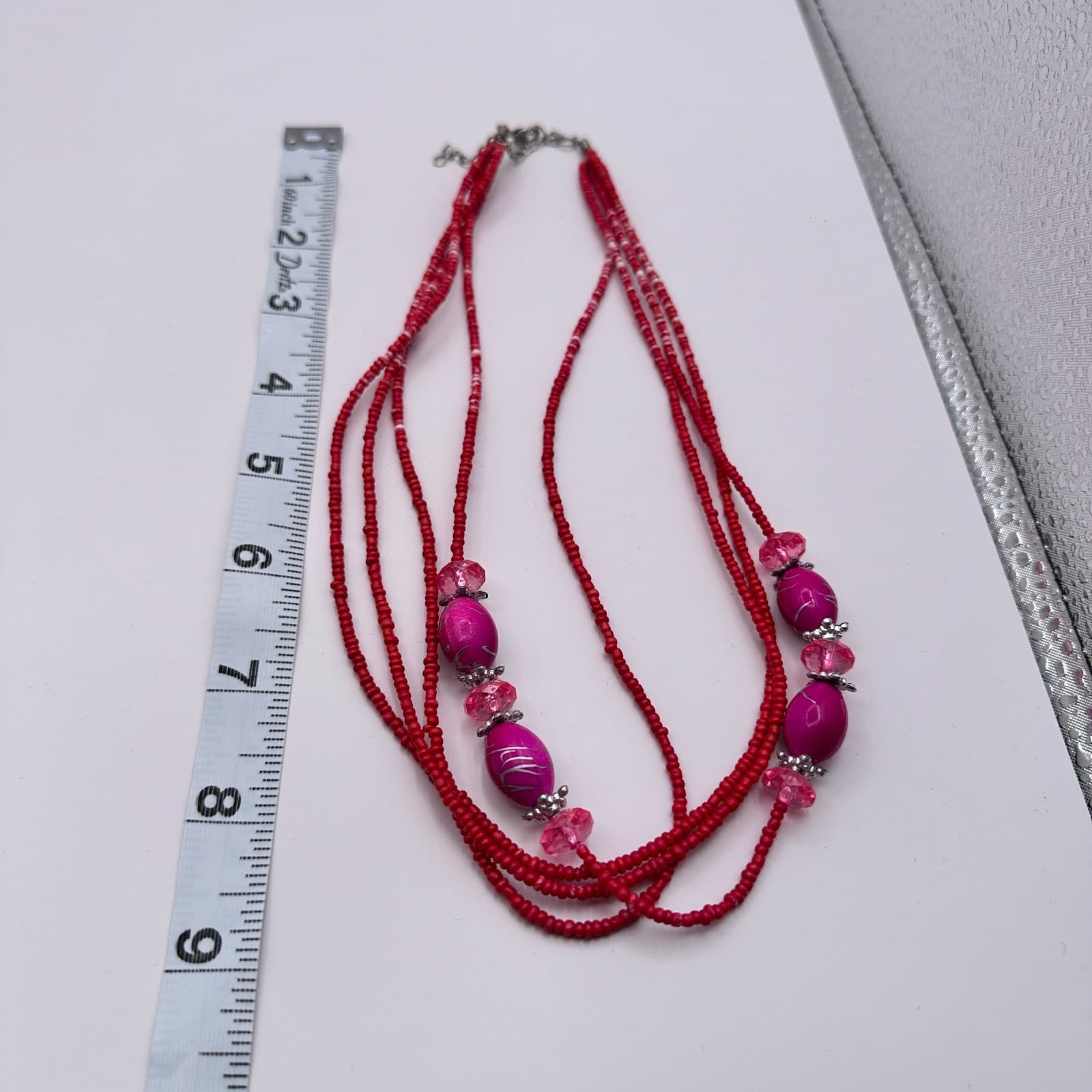 Vintage Y2K Silver Tone Multi Strand Red Seed Pink Glass Beaded Necklace Jewelry - Thumbnail 9