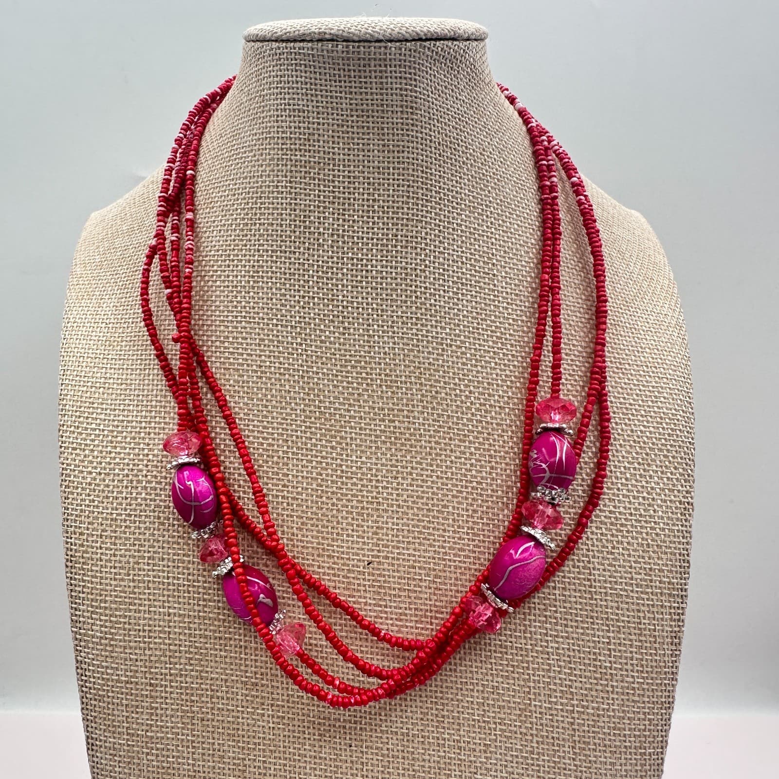 Vintage Y2K Silver Tone Multi Strand Red Seed Pink Glass Beaded Necklace Jewelry - Thumbnail 2