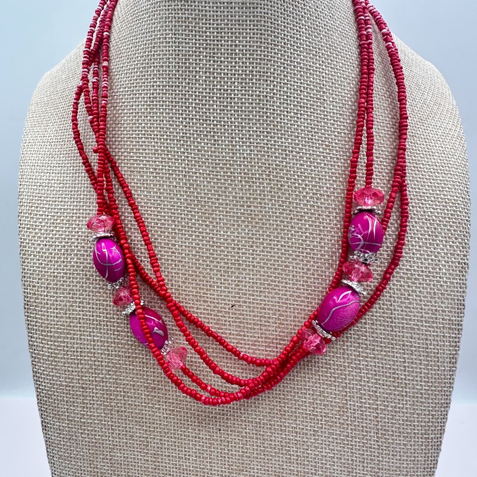Vintage Y2K Silver Tone Multi Strand Red Seed Pink Glass Beaded Necklace Jewelry - Thumbnail 7