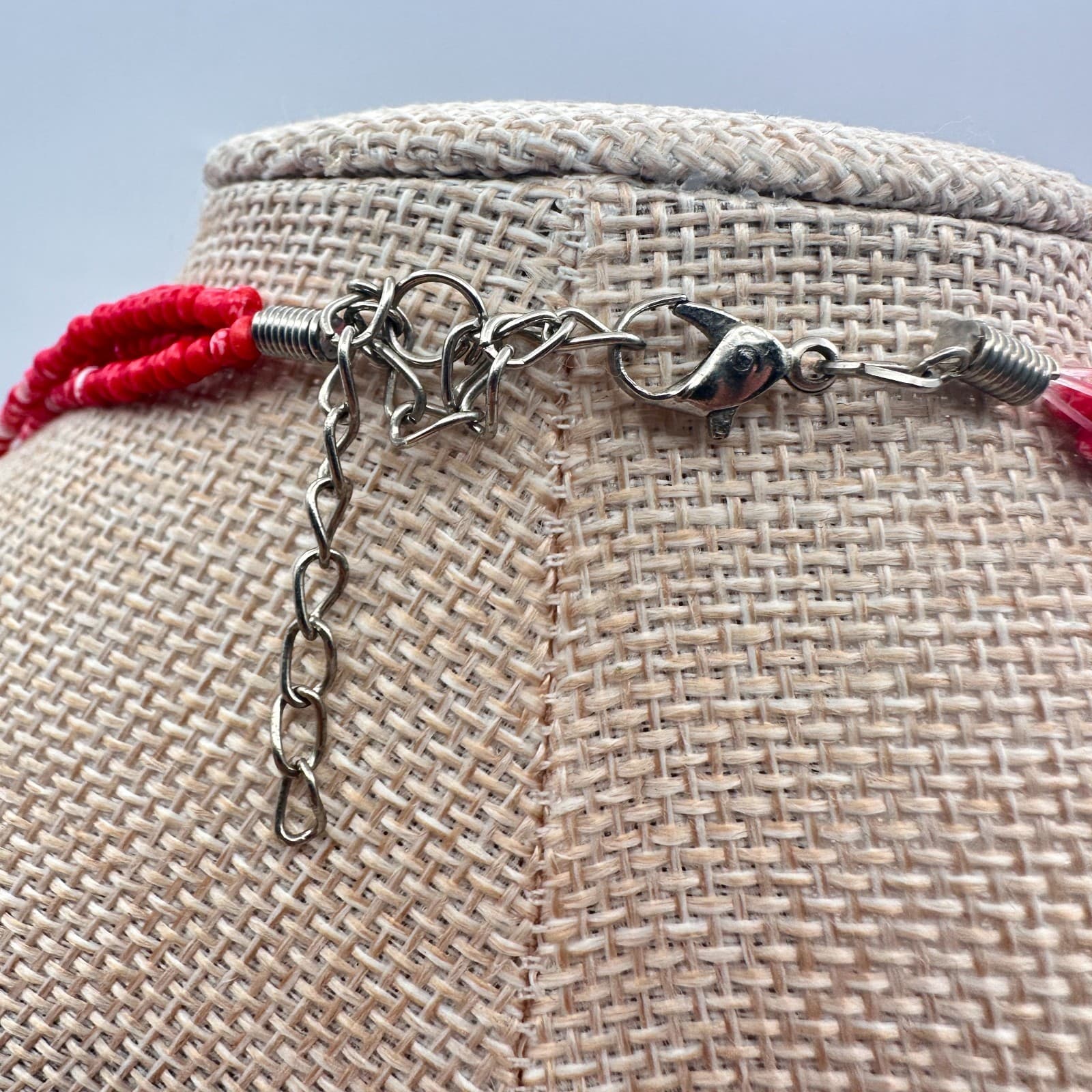 Vintage Y2K Silver Tone Multi Strand Red Seed Pink Glass Beaded Necklace Jewelry - Thumbnail 8