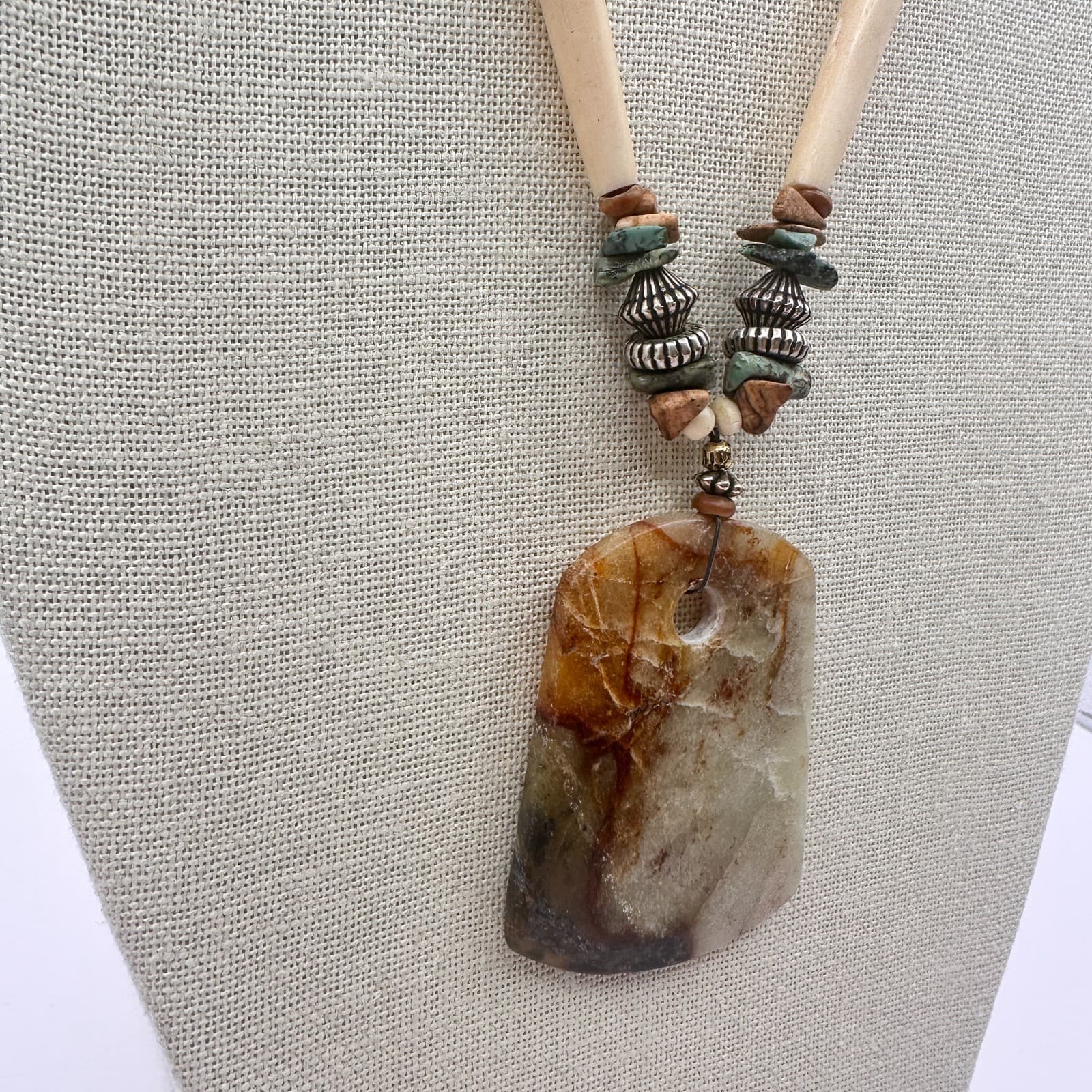 Vintage Southwestern Earthy Resin Pendant Hairpipe Necklace Boho Bead Statement - Thumbnail 5